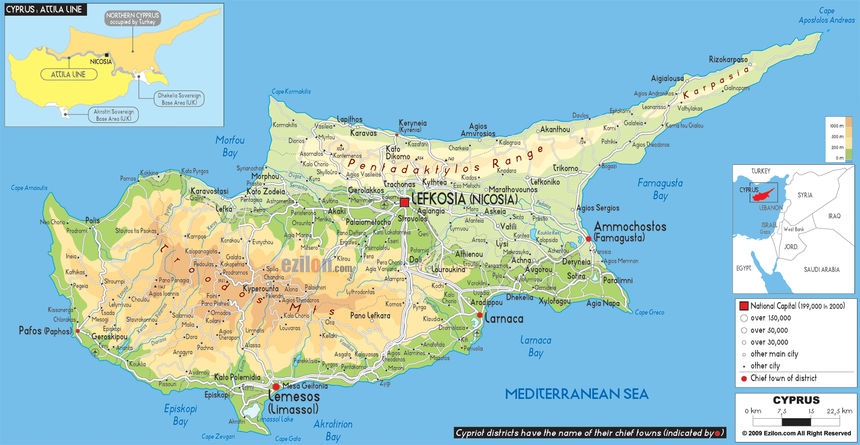 Physical Map of Cyprus - Ezilon Maps