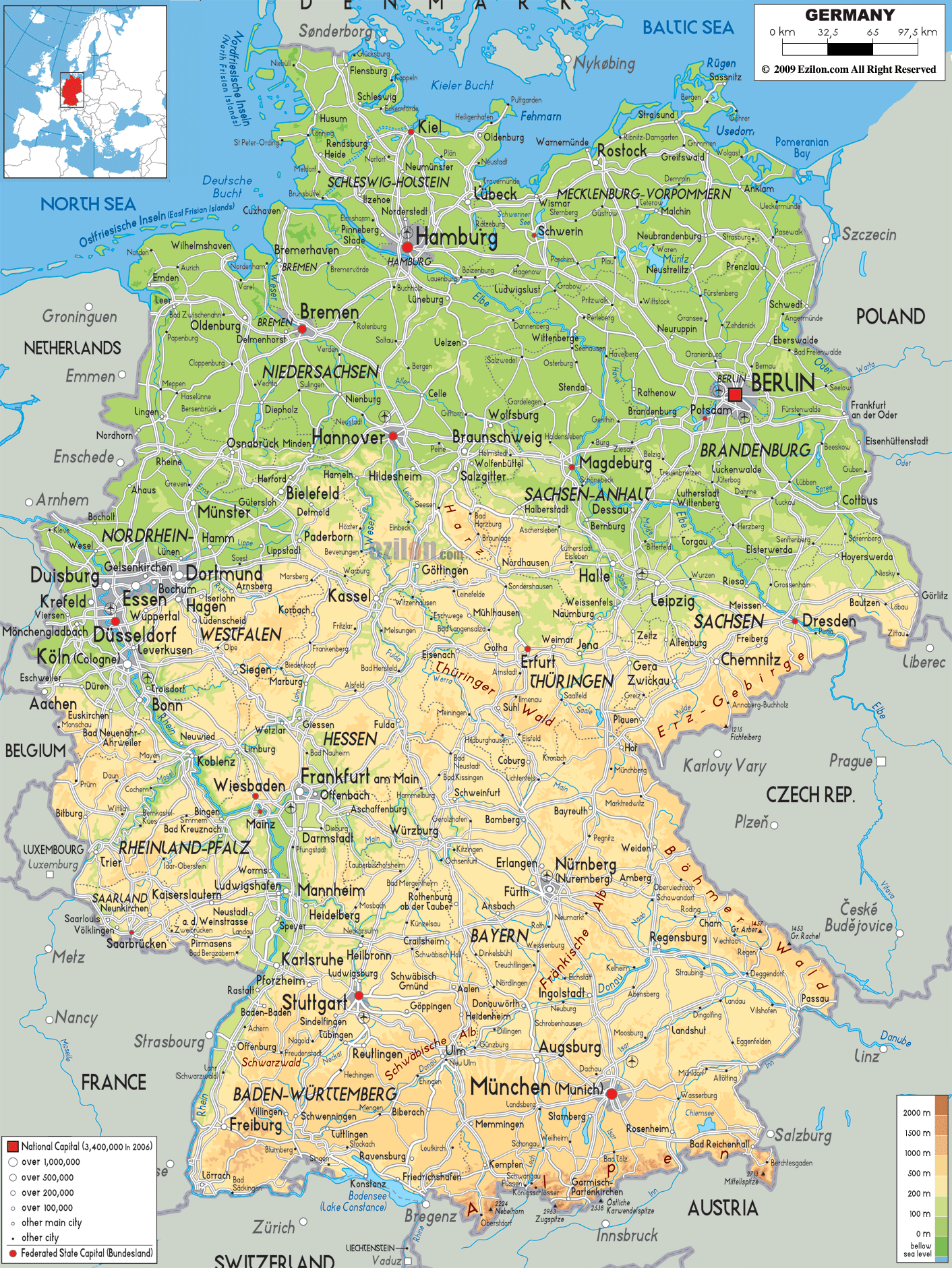 Physical Map Of Germany Ezilon Maps