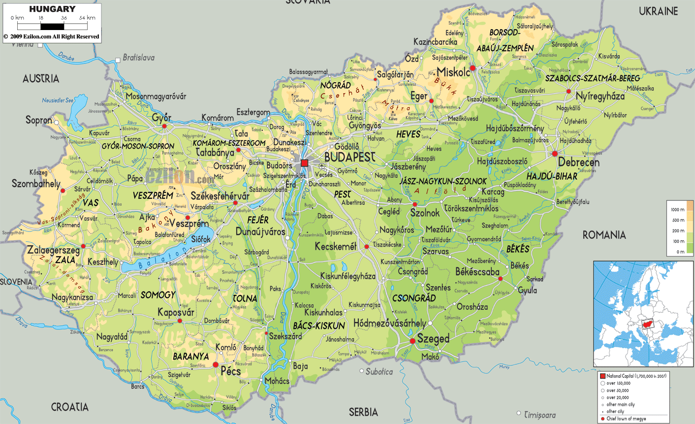 Physical Map of Hungary  Ezilon Maps