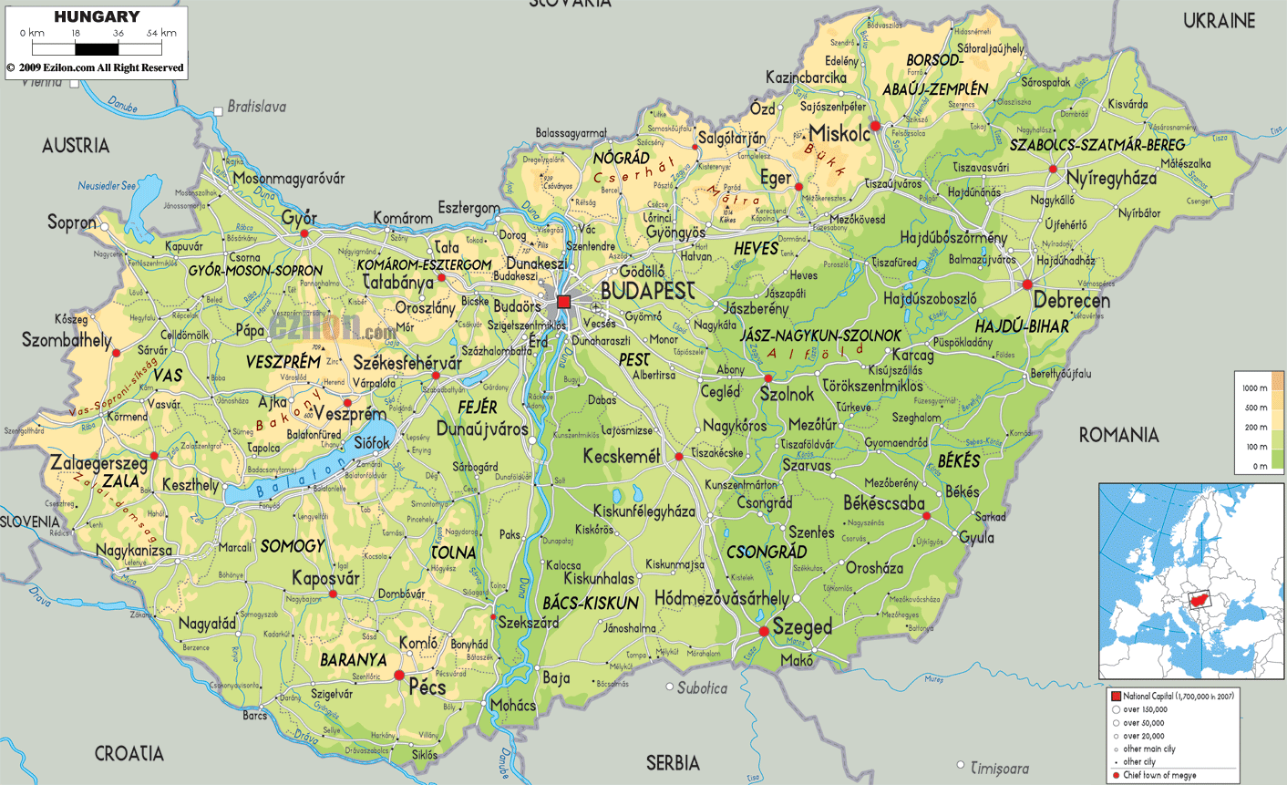 Physical Map Of Hungary Ezilon Maps