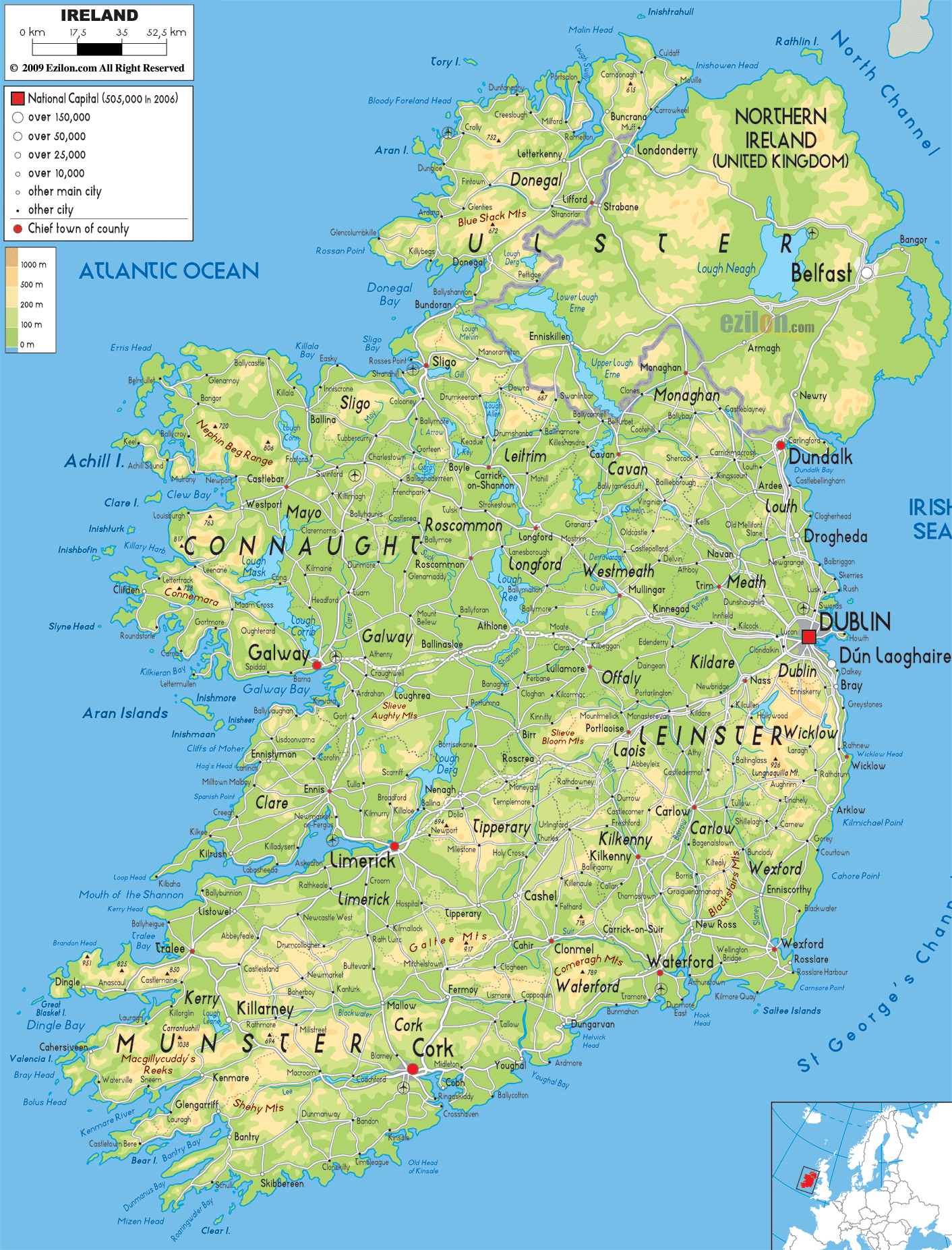 Physical Map of Ireland Ezilon Maps A Map Of Ireland To View