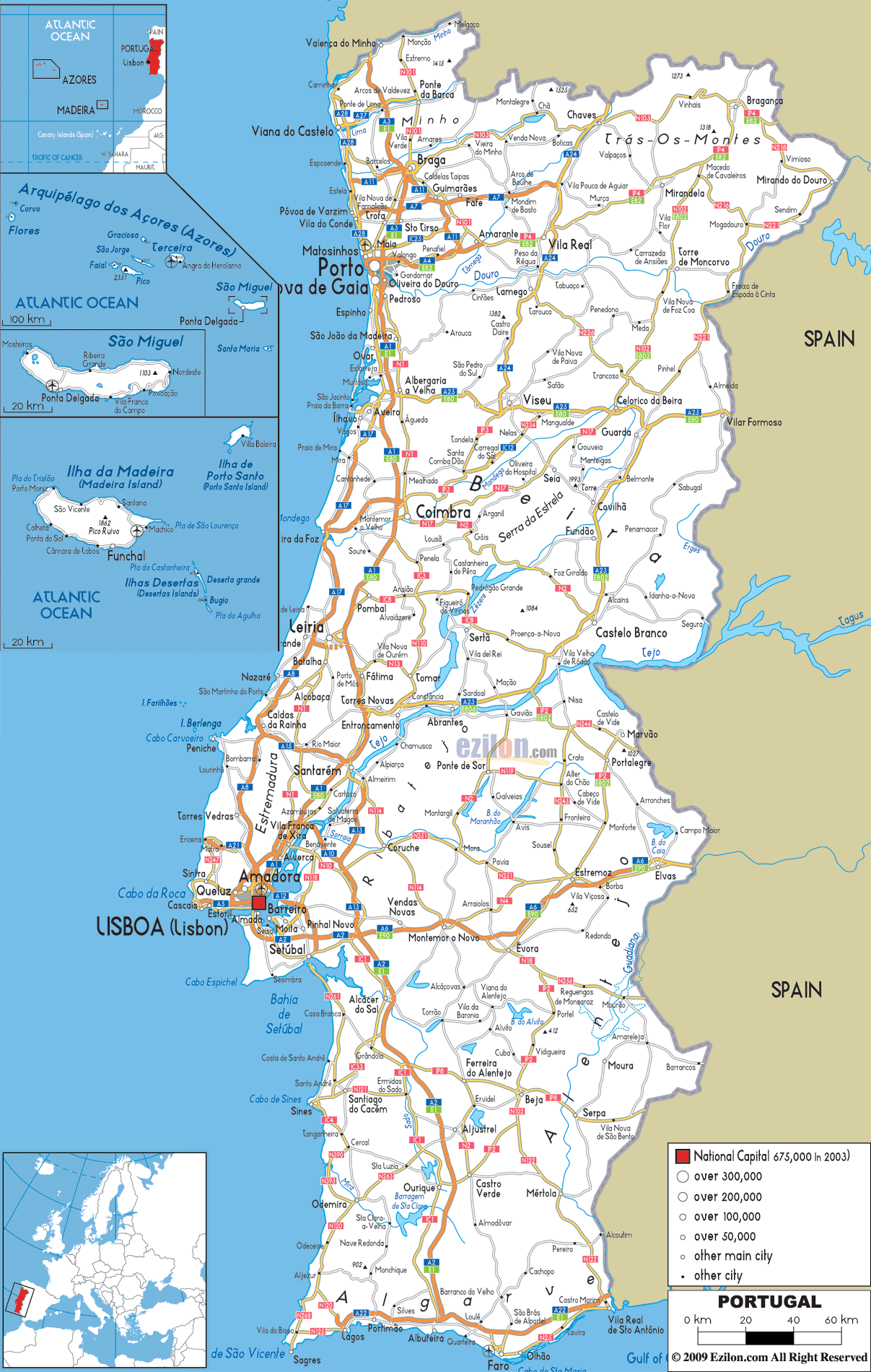 Detailed Clear Large Road Map of Portugal - Ezilon Maps