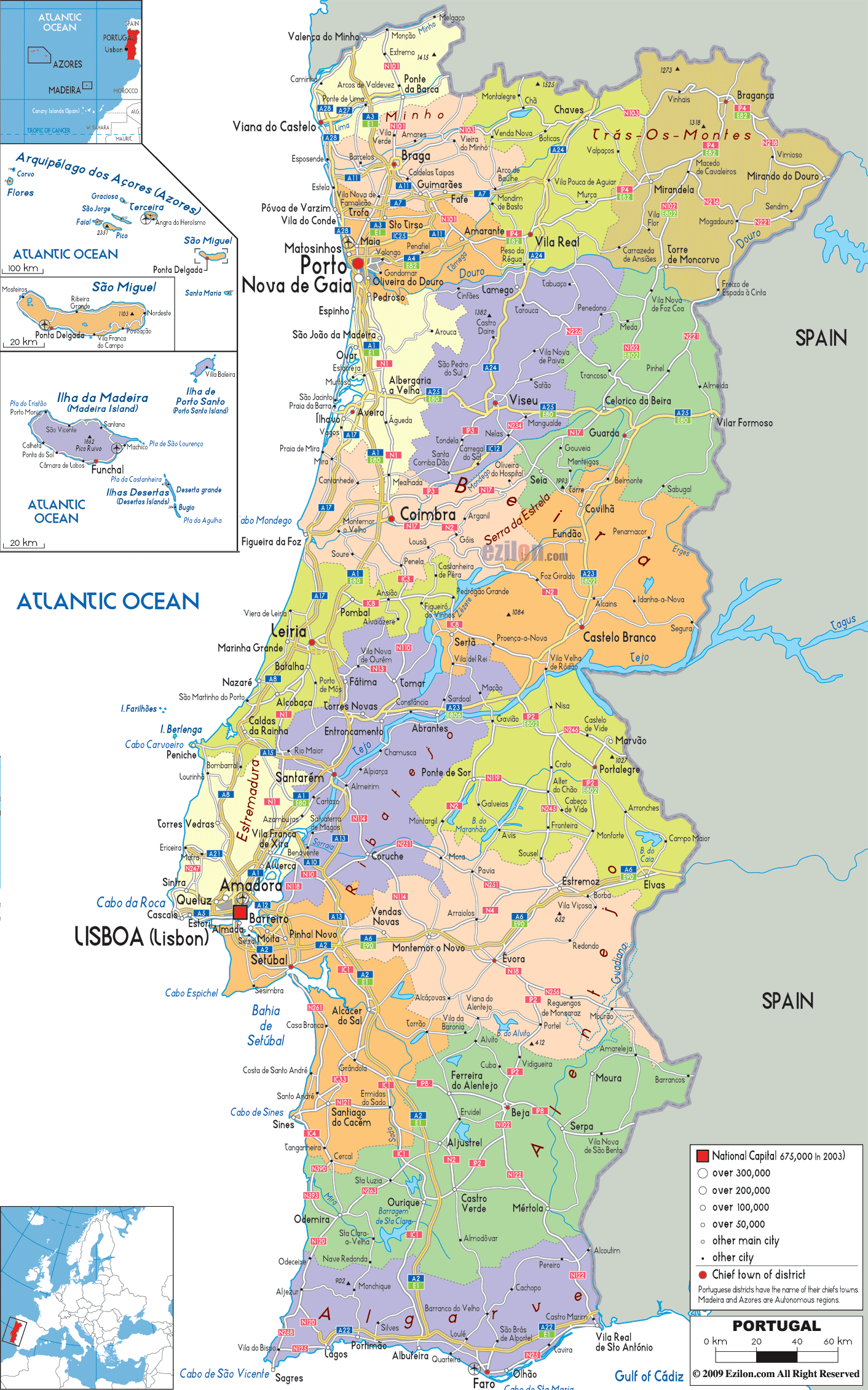 Detailed elevation map of Portugal with cities, Portugal