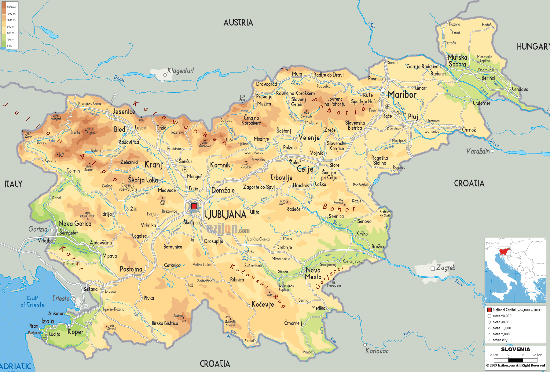 Physical Map of Slovenia - Ezilon Maps