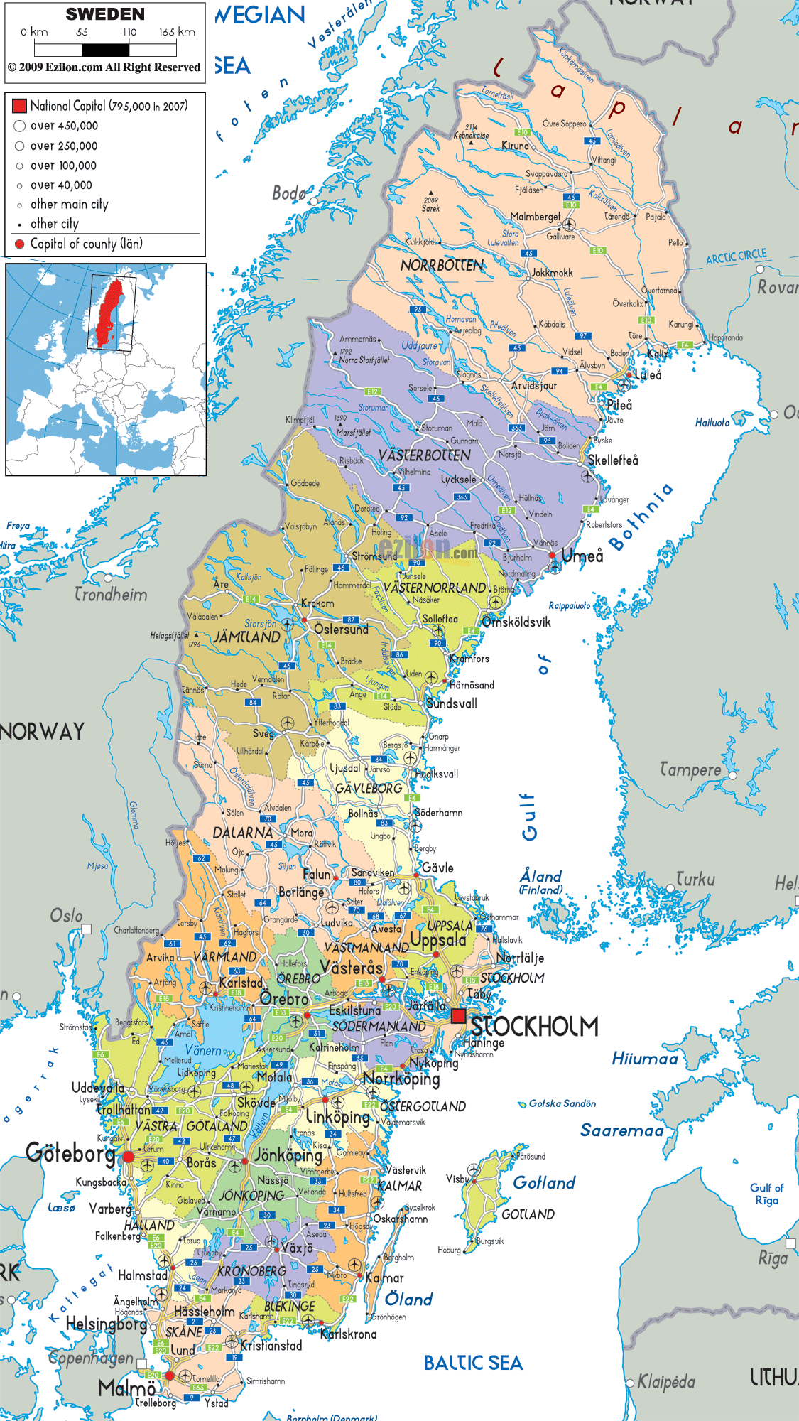 Detailed Political Map of Sweden - Ezilon Maps
