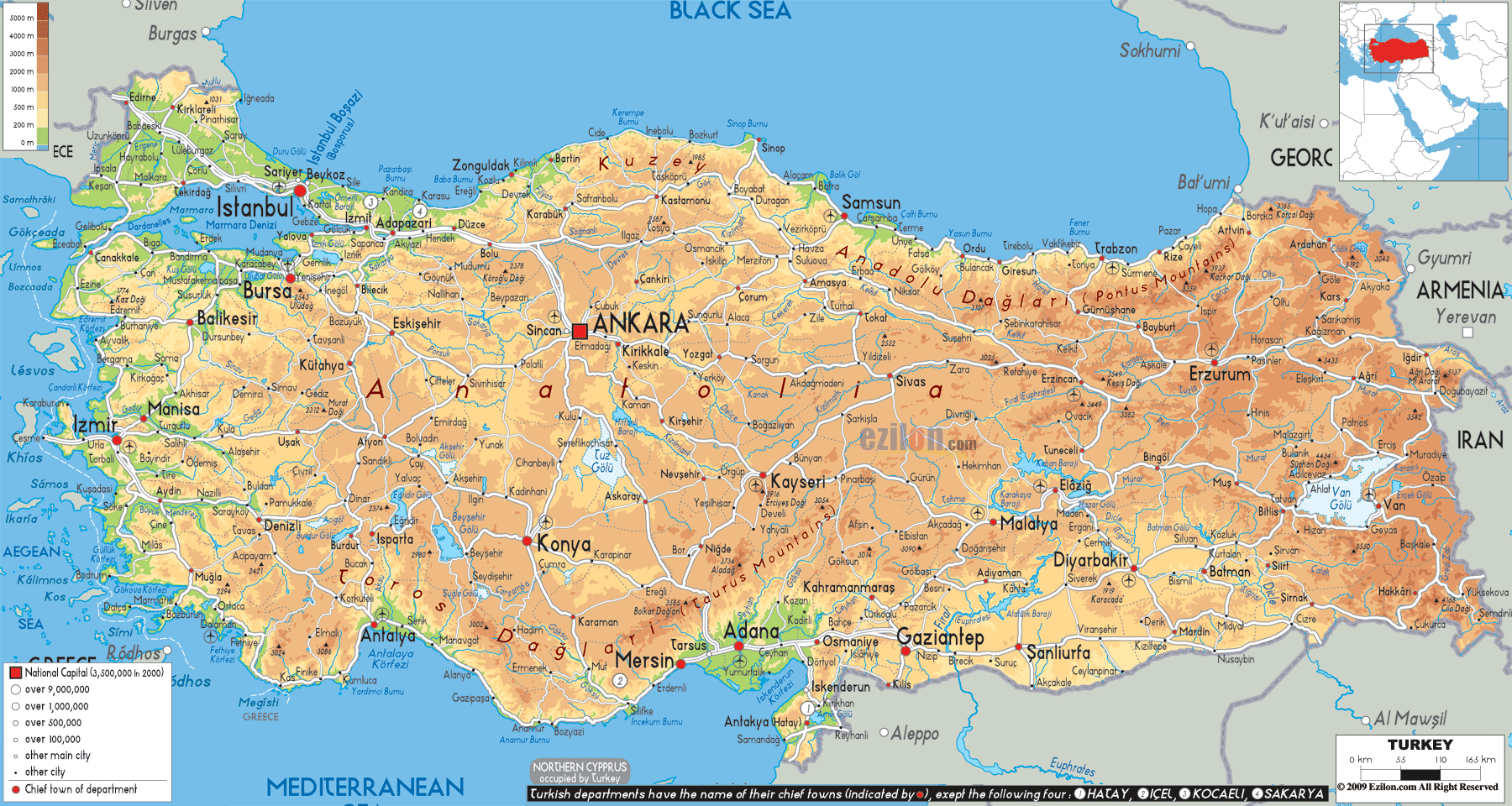 Physical Map of Turkey - Ezilon Maps
