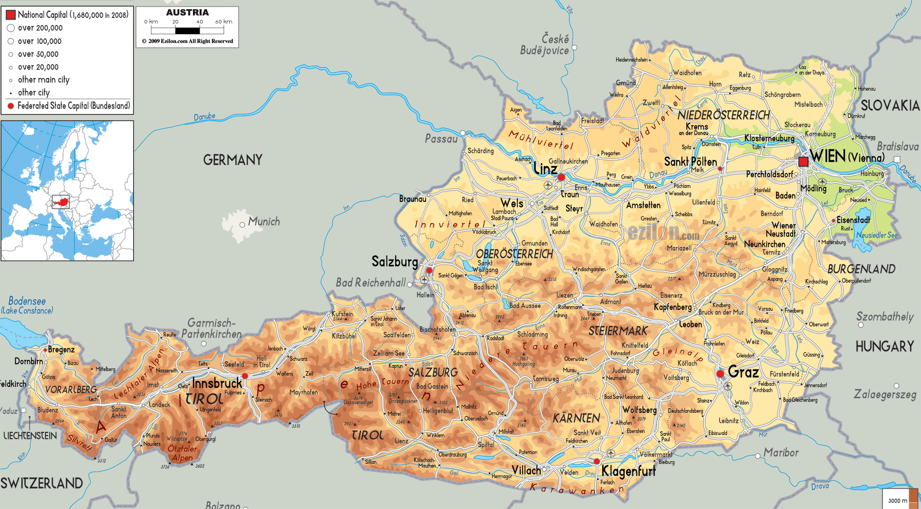 Physical Map Of Austria Ezilon Maps
