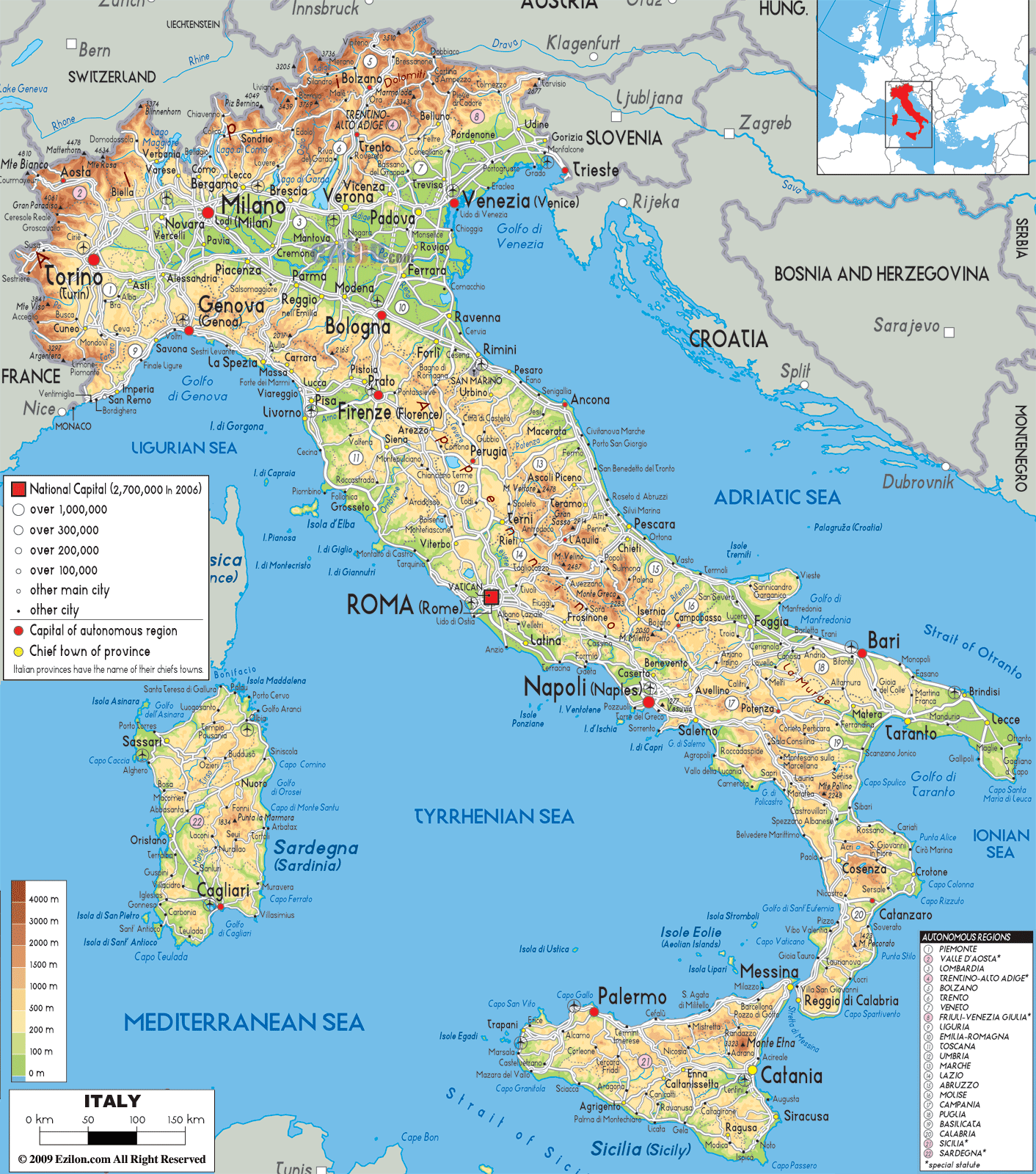 Physical Map of Italy Ezilon Maps