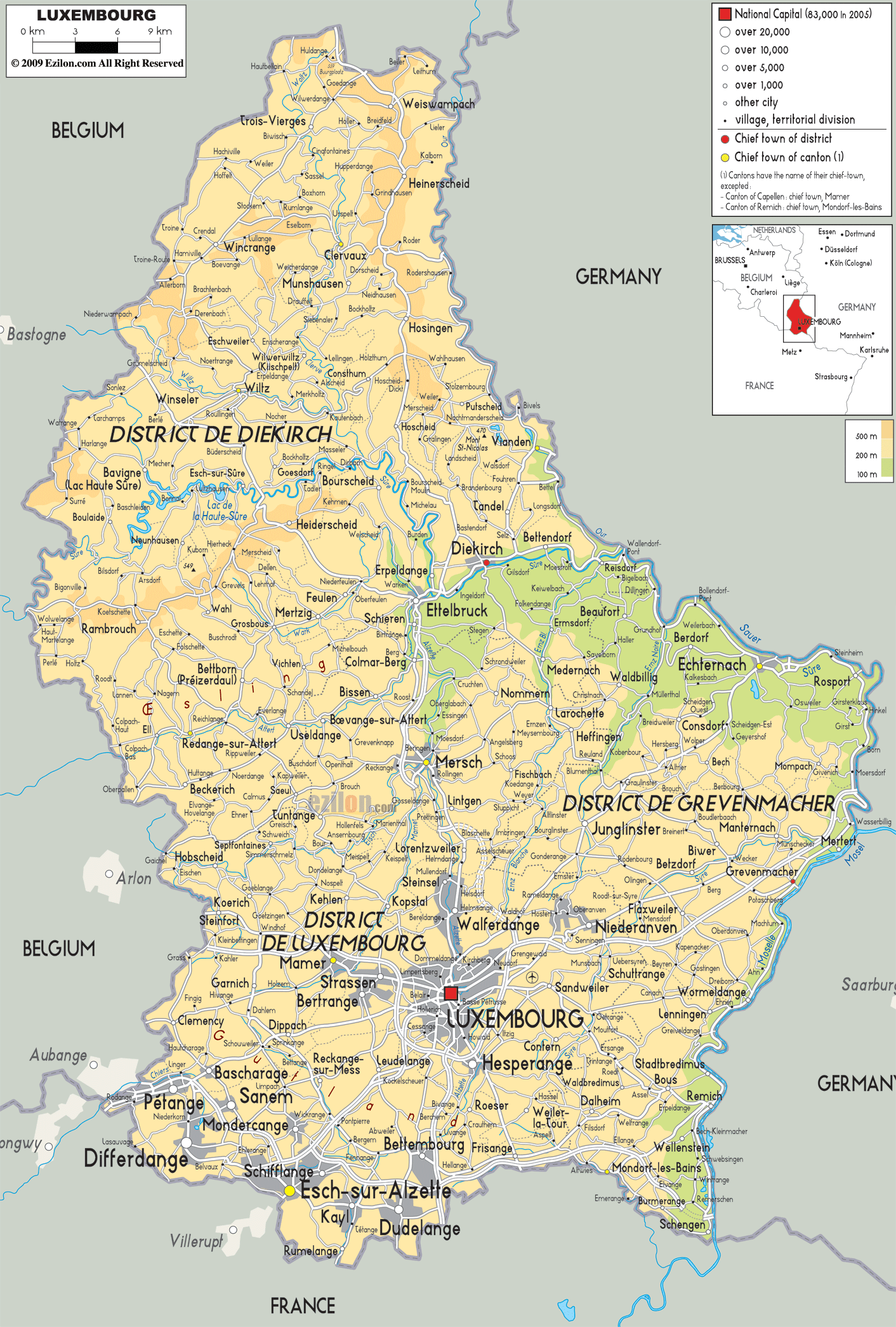 Physical Map of Luxembourg - Ezilon Maps