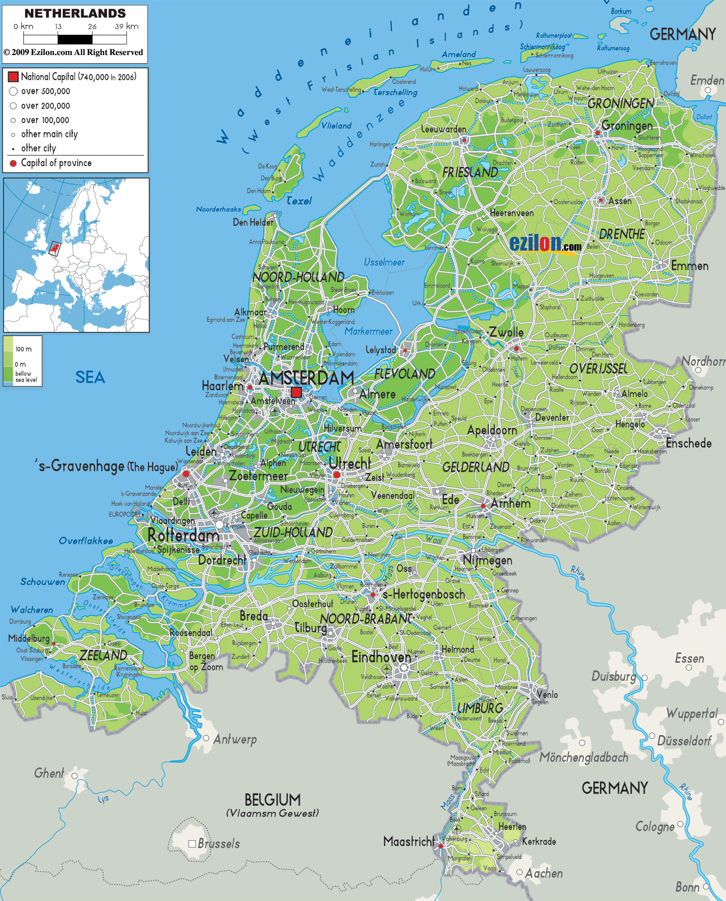 Physical Map of Netherlands - Ezilon Maps