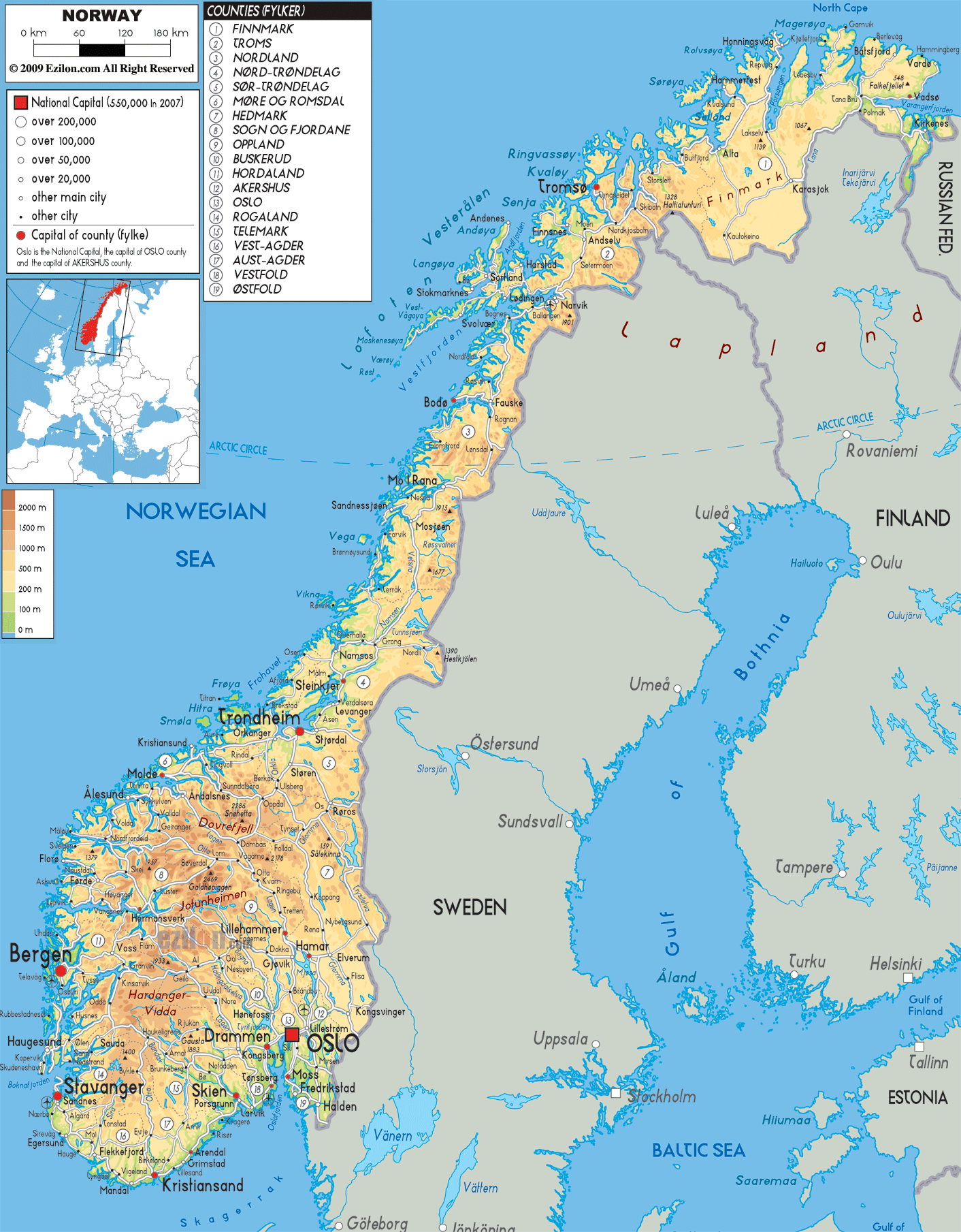 Physical Map of Norway - Ezilon Maps