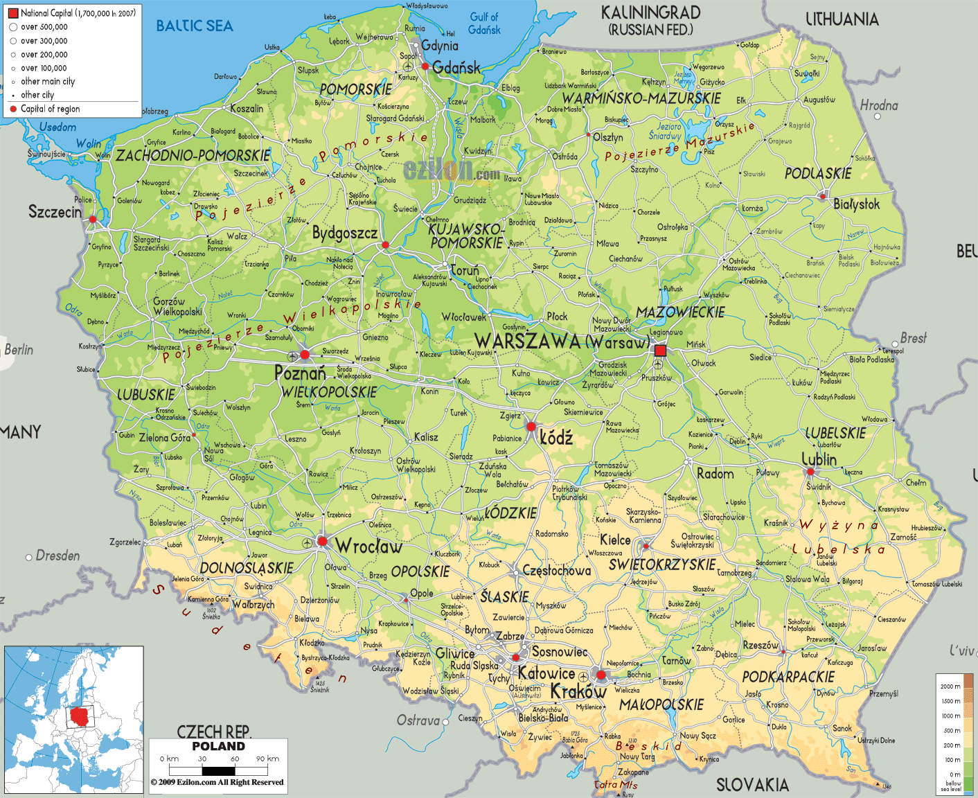 Physical Map Of Poland Ezilon Maps