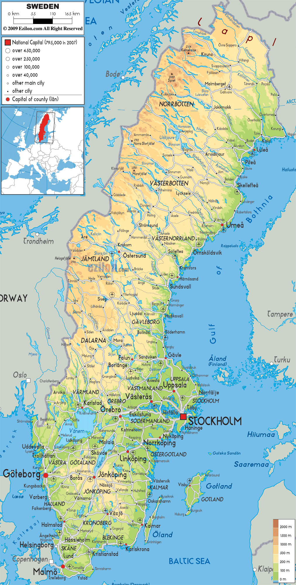Physical Map of Sweden - Ezilon Maps
