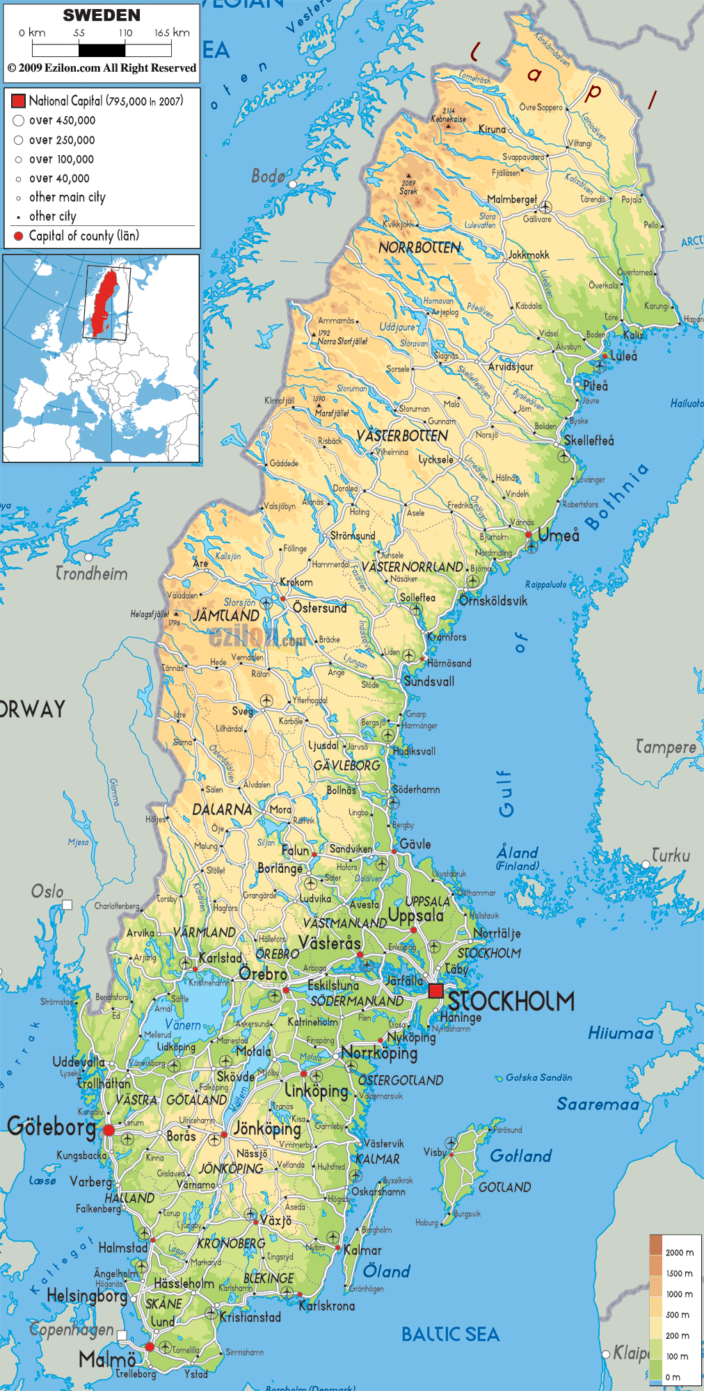 Physical Map Of Sweden 