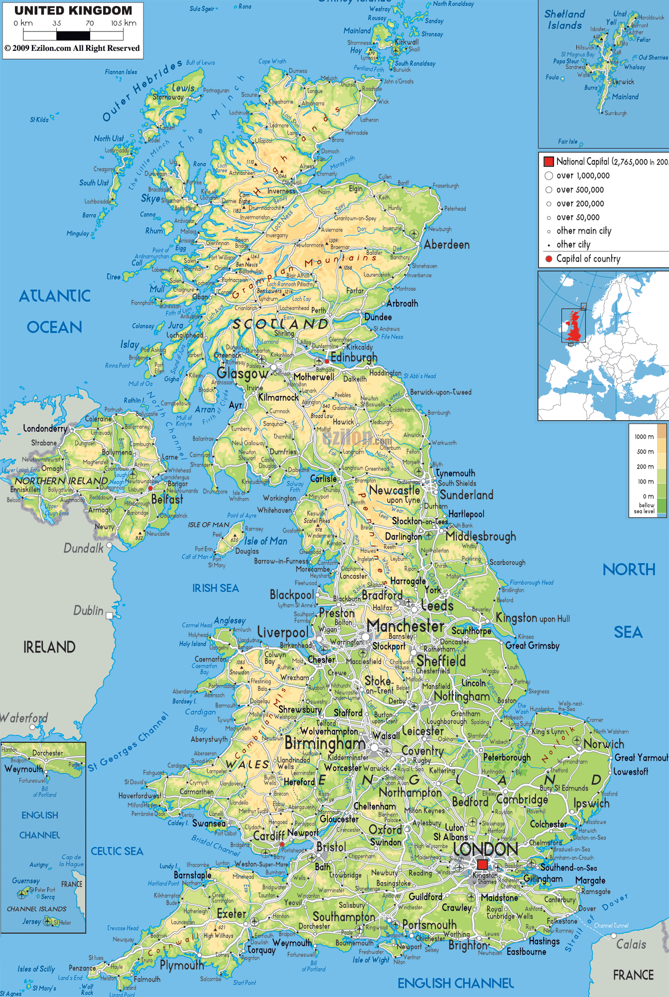 Physical Map of United Kingdom - Ezilon Maps