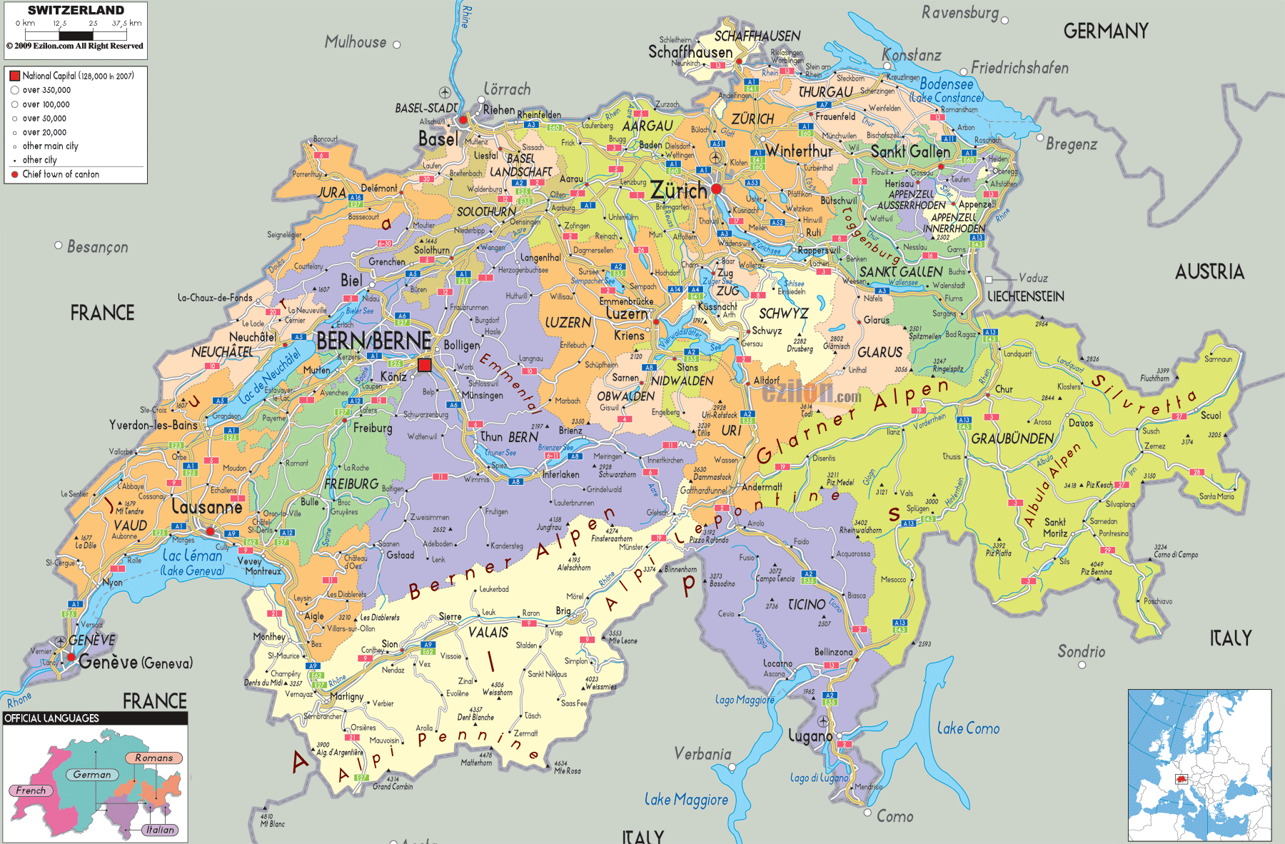 Map Of Switzerland With Cities Towns 26 Cantons And Their Capitals 