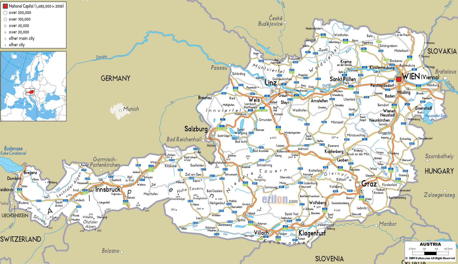 Detailed Clear Large Road Map of Austria - Ezilon Maps