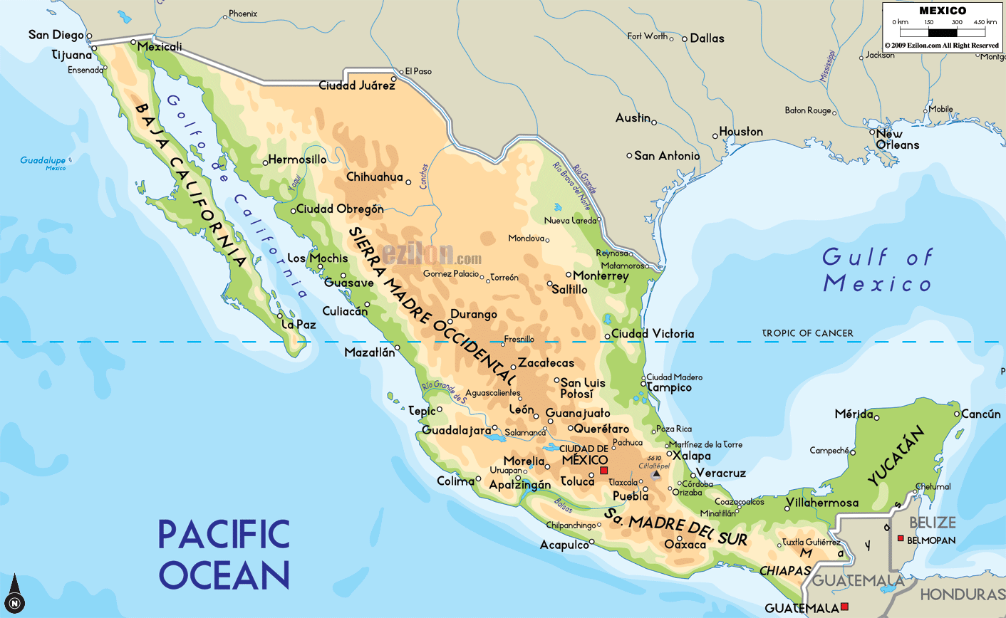 The Physical Map of Mexico showing major geographical features like elevations, mountain ranges, ocean, lakes, plateaus, peninsulas, rivers, plains, landforms and other topographic features.
