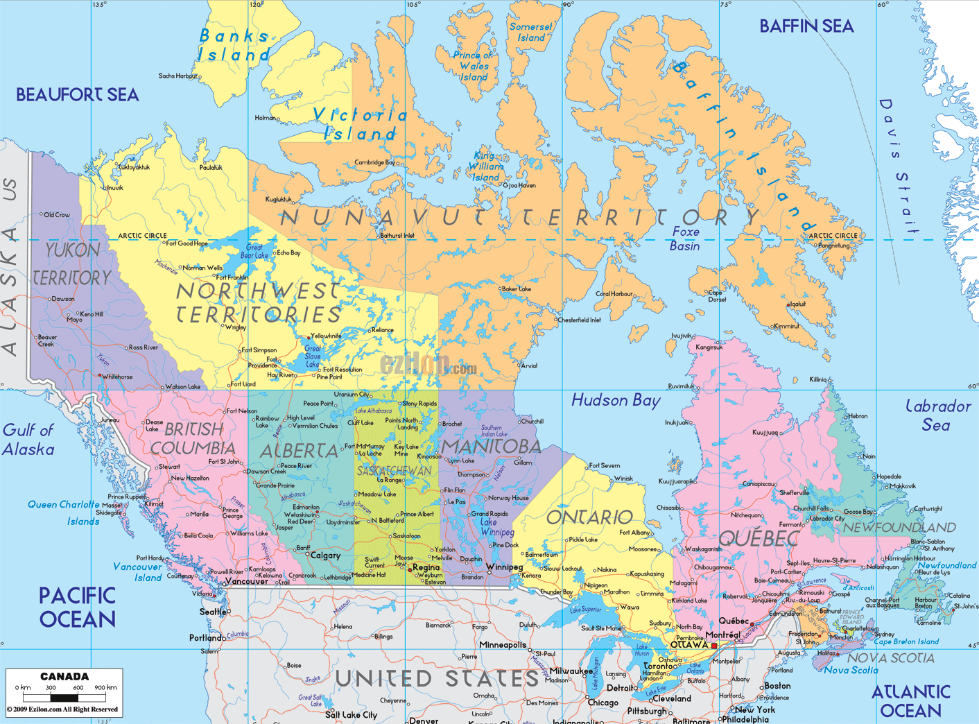 Detailed large map of Canada showing 10 Canadian provinces and 3 territories, major cities, islands, towns, boundaries and road network with intersections.