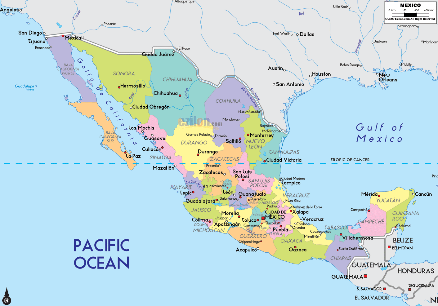 Detailed large map of Mexico showing names of cities, towns, states, provinces and boundaries with neighbouring countries.