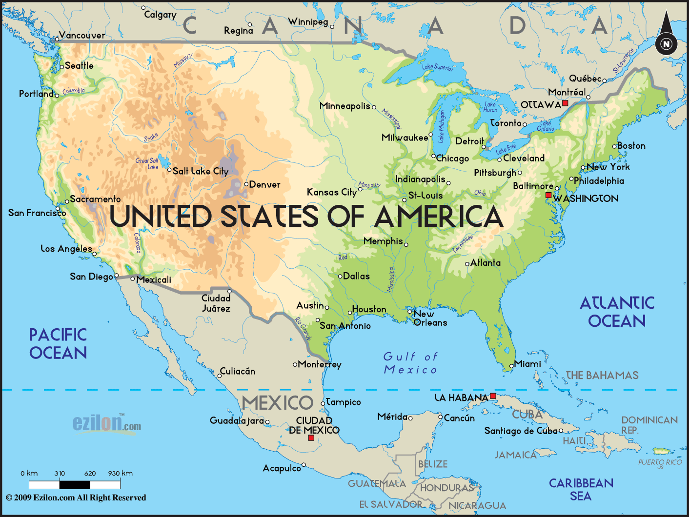 The Geographical map of United States of America showing major geographical features such as mountains, rivers, lakes, topography and land formations.