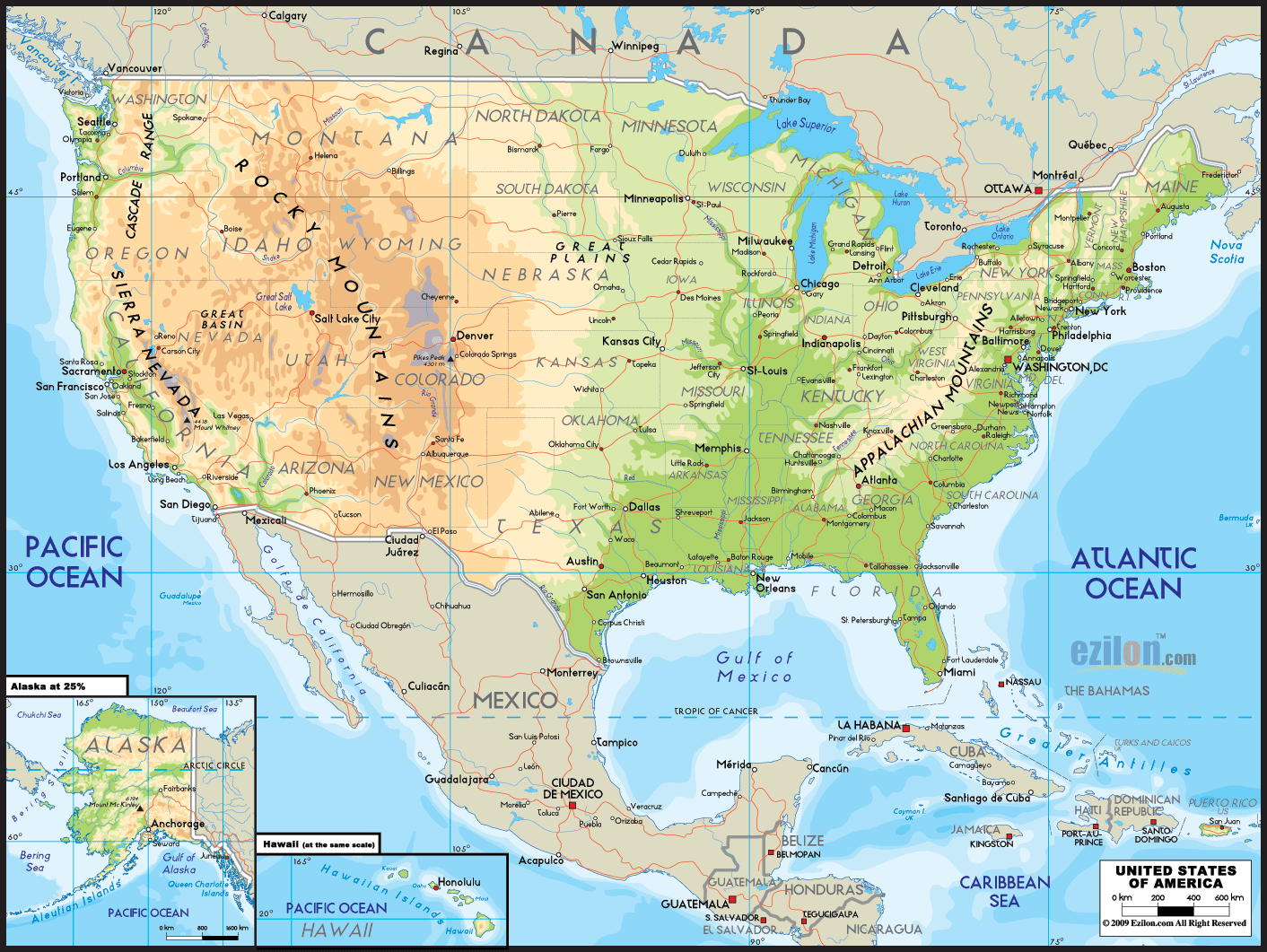 Detailed physical map of the United States of America (USA) showing mountains, rivers, major roads or routes connecting each major cities and with neighbouring countries. Map also outlines road networks and intersections associated with each topography.