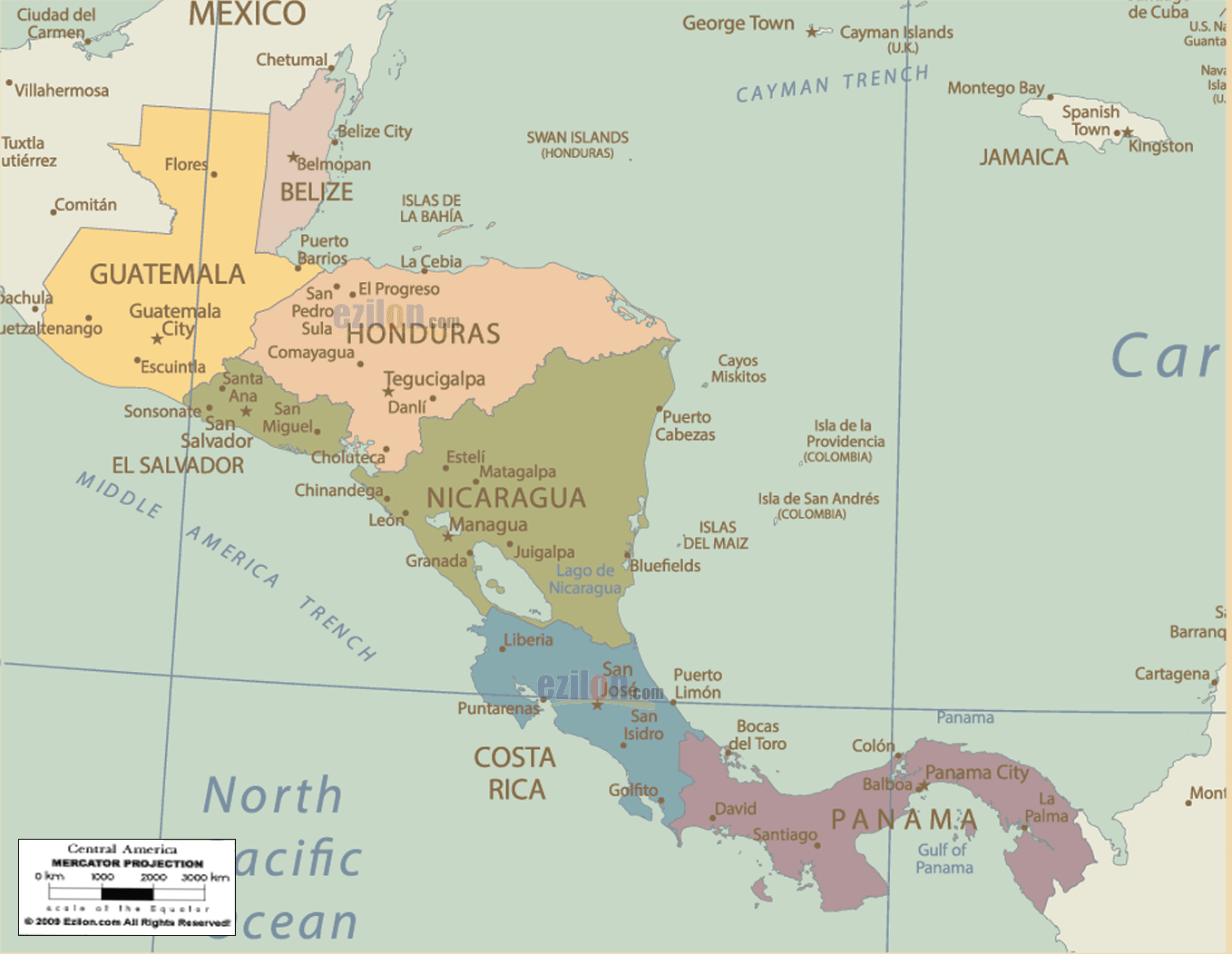 Detailed map of Central America showing all countries, names of capital cities, towns, states, provinces and boundaries of neighbouring countries.