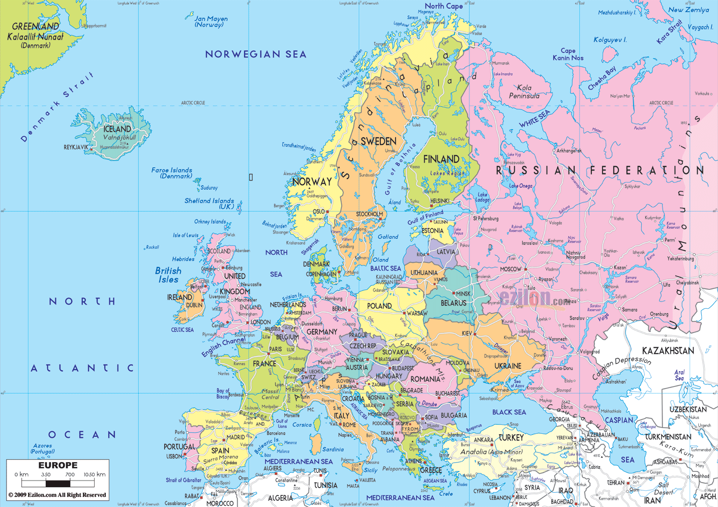 Detailed clear large map of Europe showing names of capital cities, states, towns, provinces, boundaries of neighboring countries and connected roads.