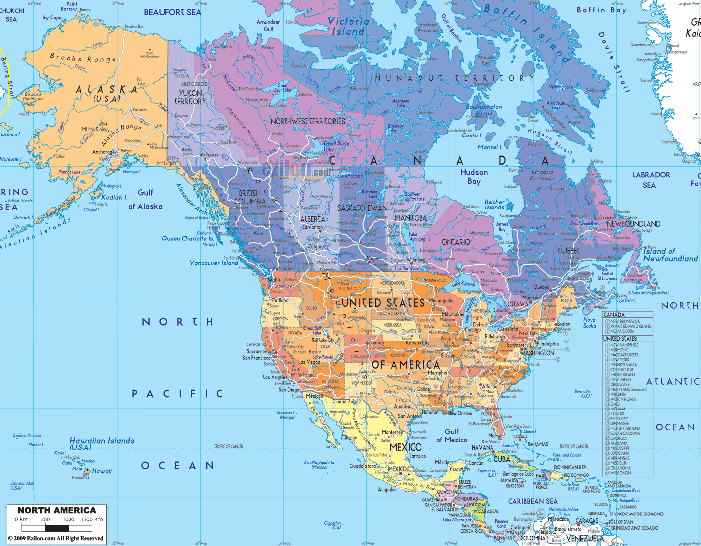 Detailed large map of North America showing countries, names of cities, towns, and boundaries of neighbouring countries.