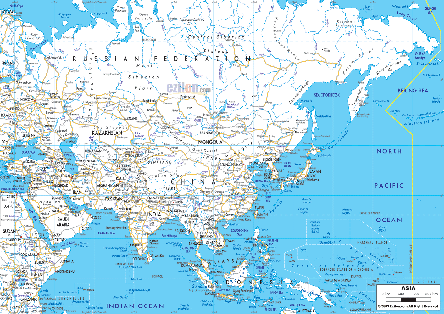 Detailed Clear Large Road Map of Asia continent with road routes from cities to towns, road intersections to provinces and perfectures.