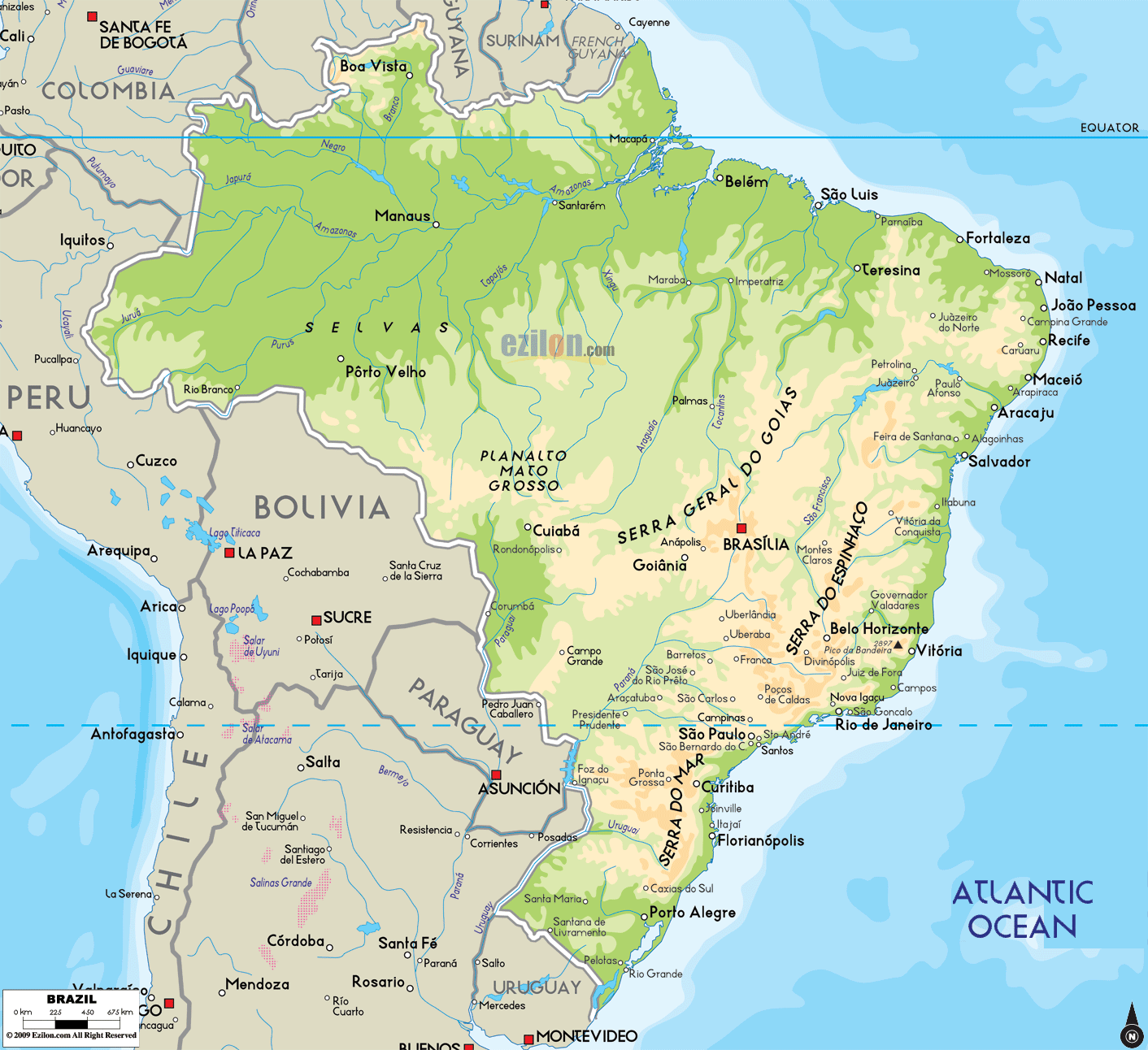 Physical Map of Brazil Ezilon Maps Mapa Atlas Brasil