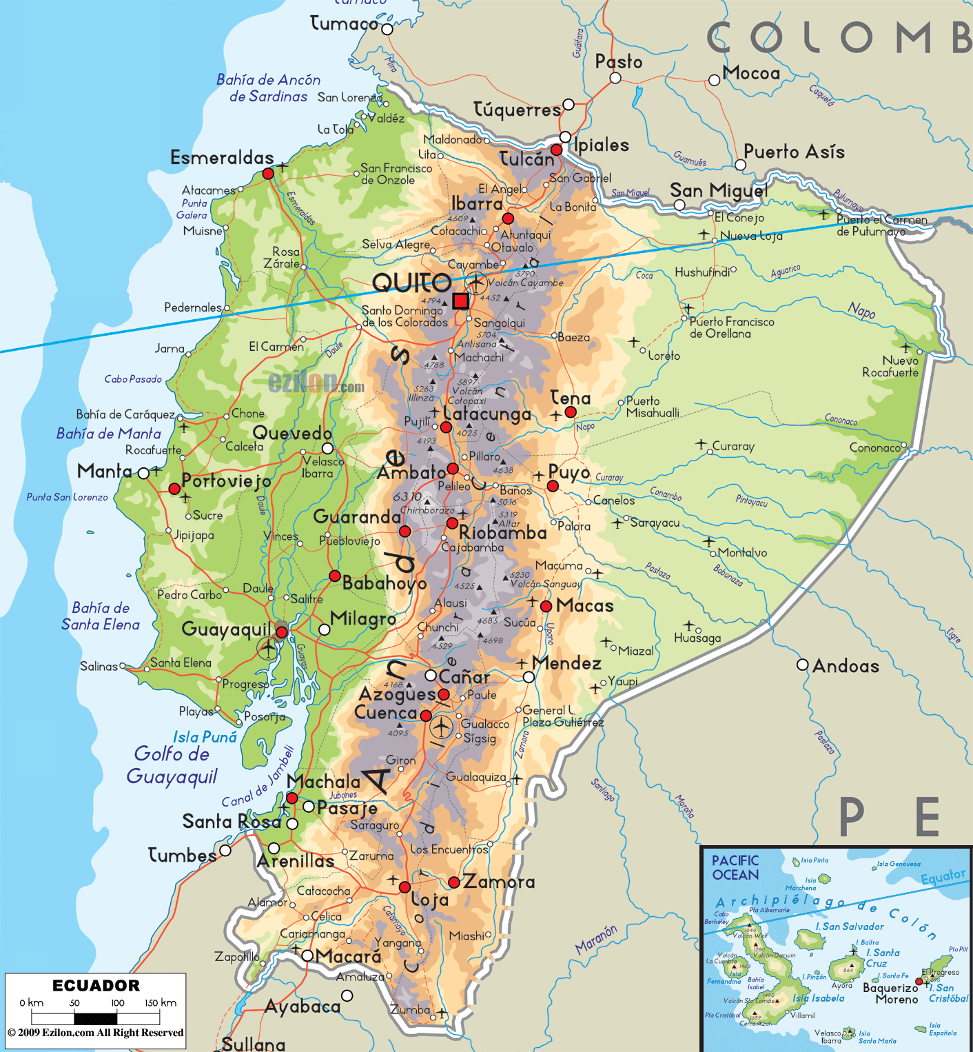 Physical Map of Ecuador Ezilon Maps