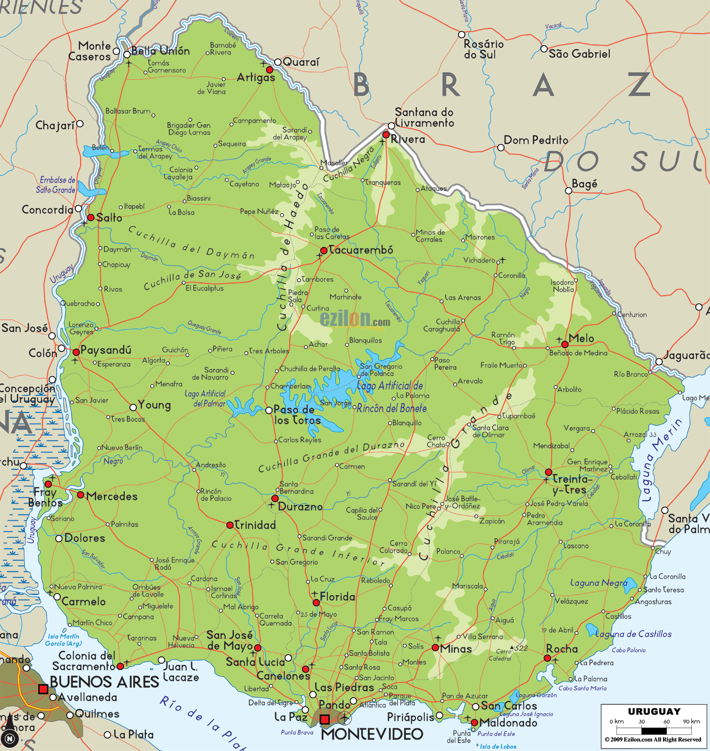 Physical Map of Uruguay - Ezilon Maps