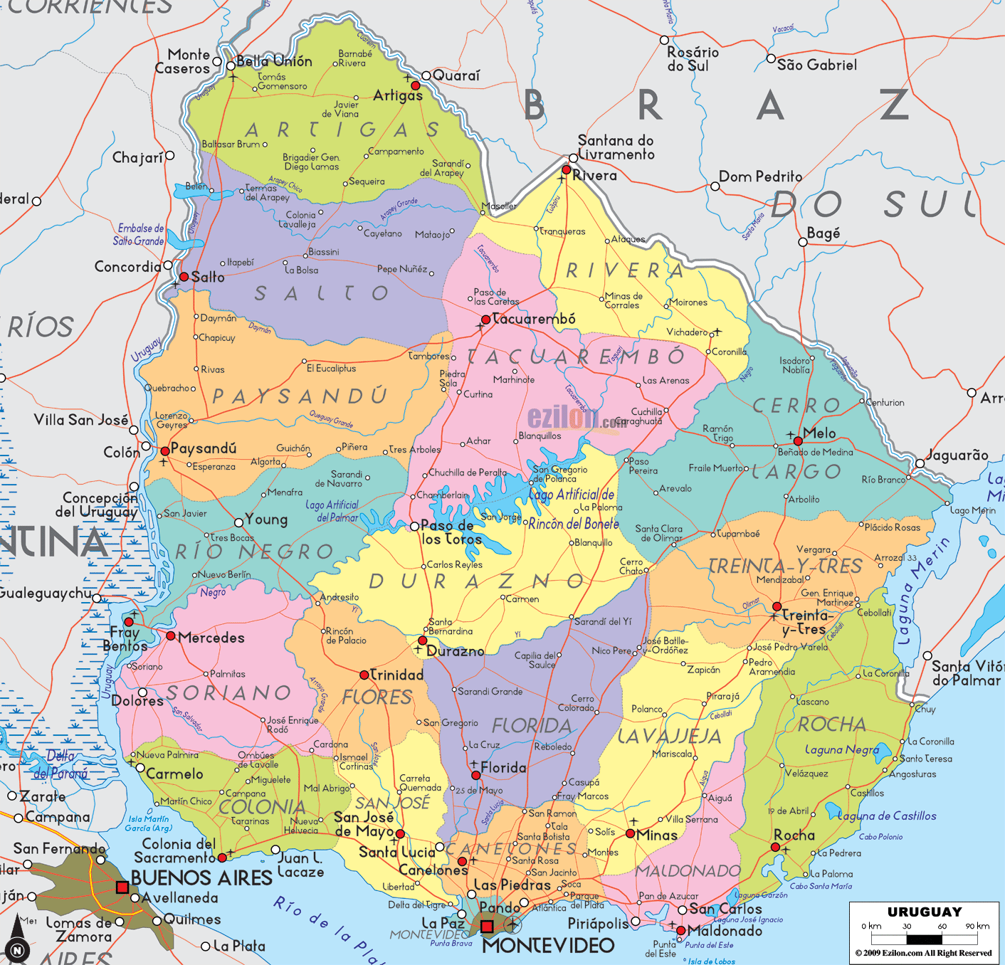 Detailed Political Map of Uruguay - Ezilon Maps
