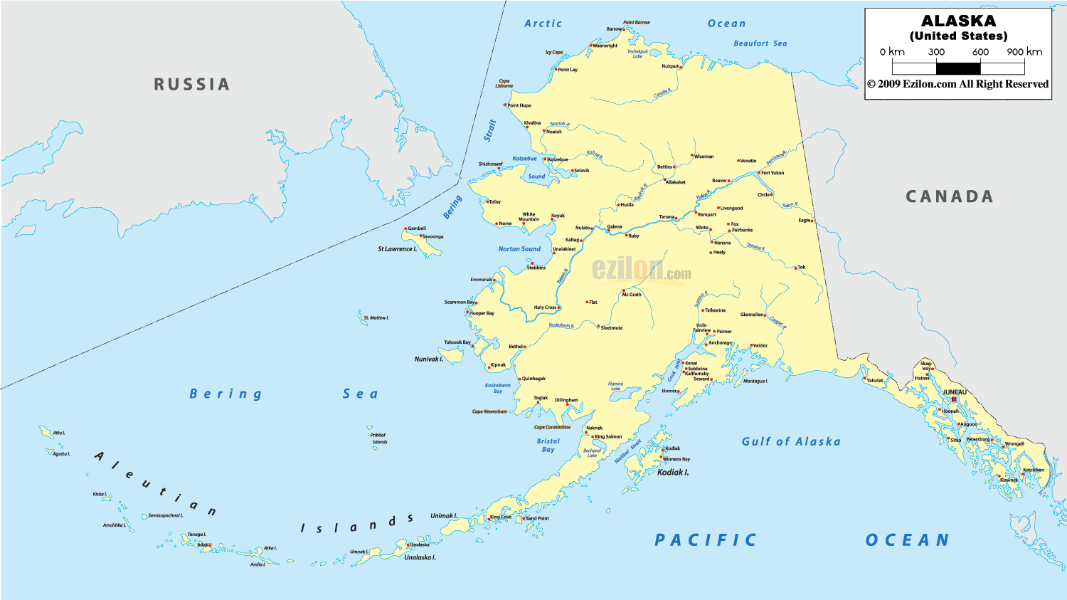 Map of Alaska State, USA showing cities, towns, county formations, roads highway, US highways and State routes.