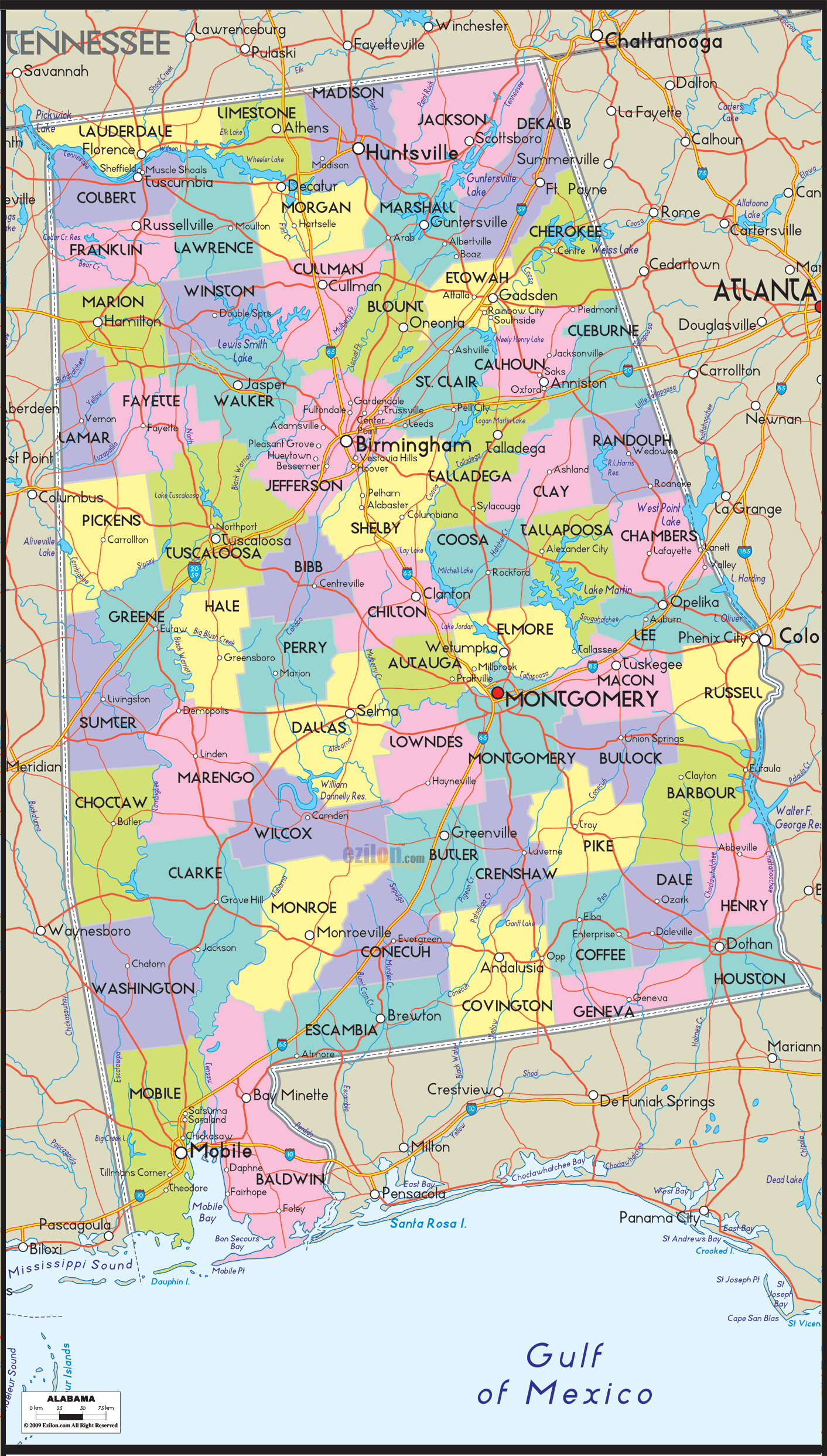 Detailed large map of Alabama State USA showing cities, towns, counties, roads, US highways and State routes.
