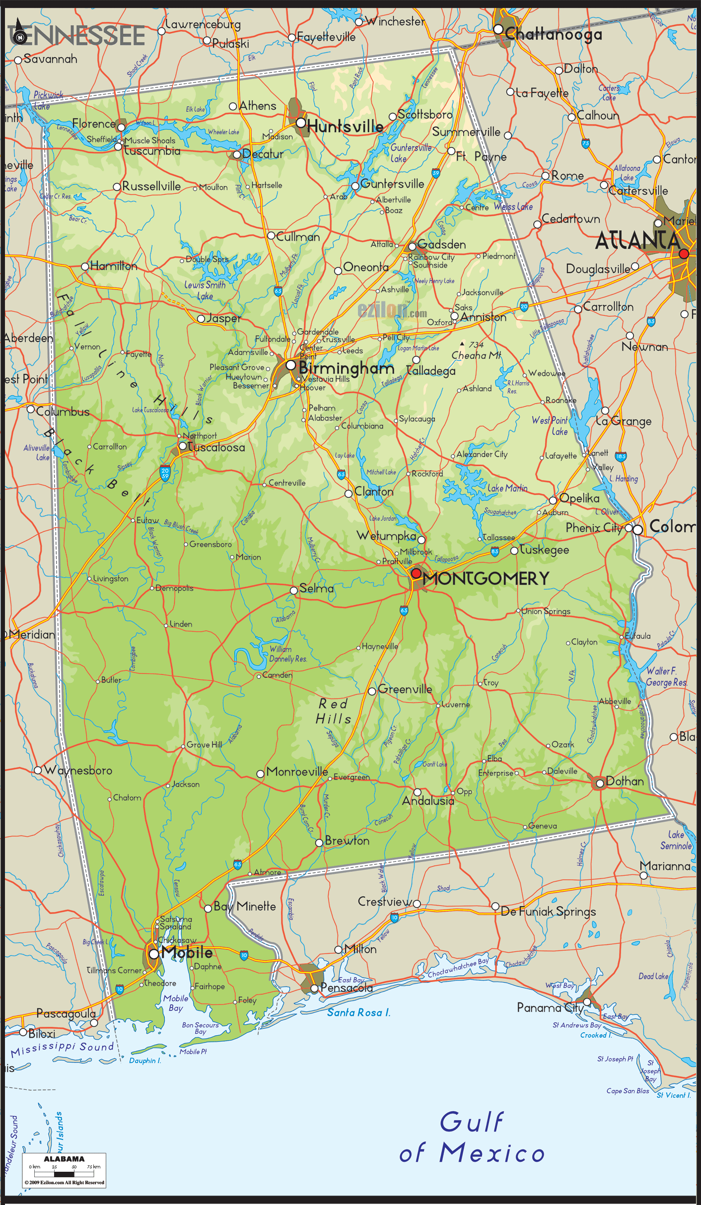 Physical map of Alabama showing major geographical features such as rivers, lakes, mountains, hills, topography and land formations.
