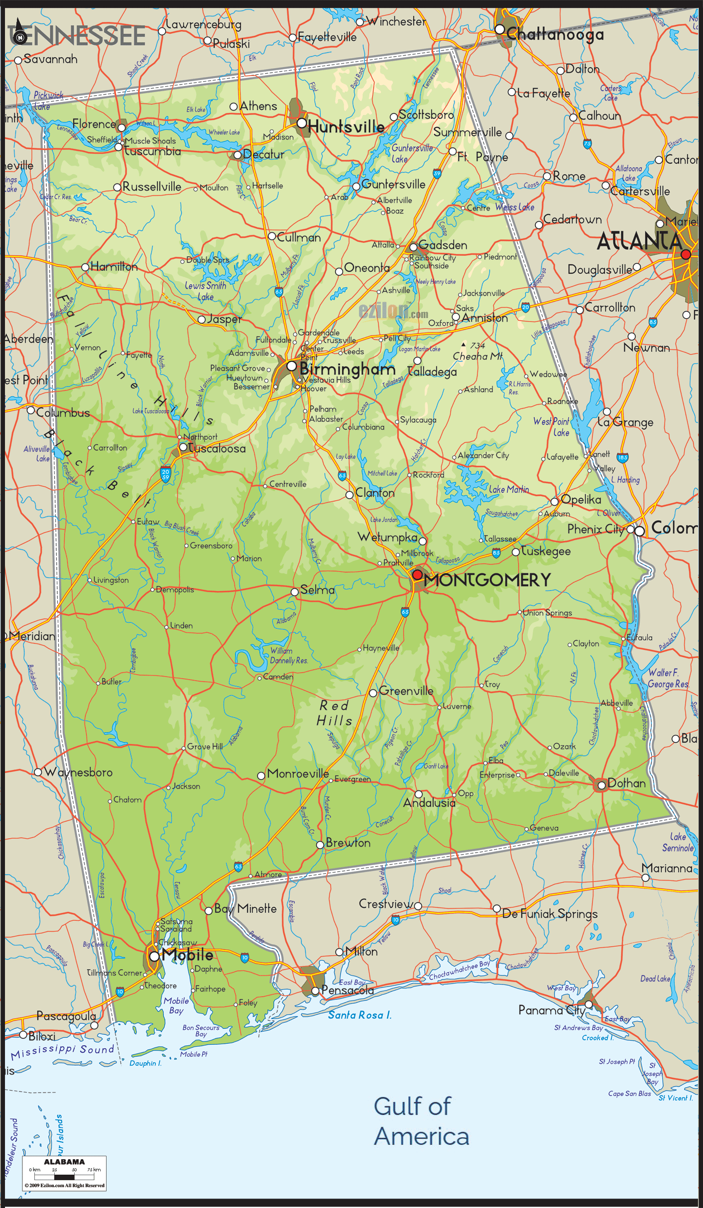 Physical map of Alabama showing major geographical features such as rivers, lakes, mountains, hills, topography and land formations.