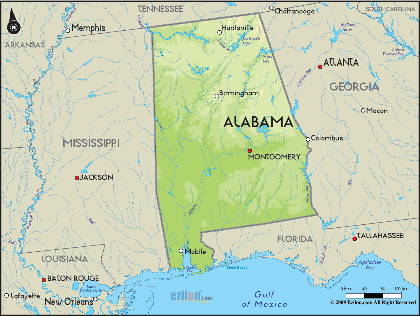 Detailed Clear Large Road Map of Alabama Topography and Physical