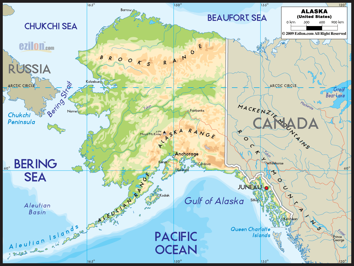 Physical map of Alaska State USA showing major geographical features such as rivers, lakes, topography and land formations.