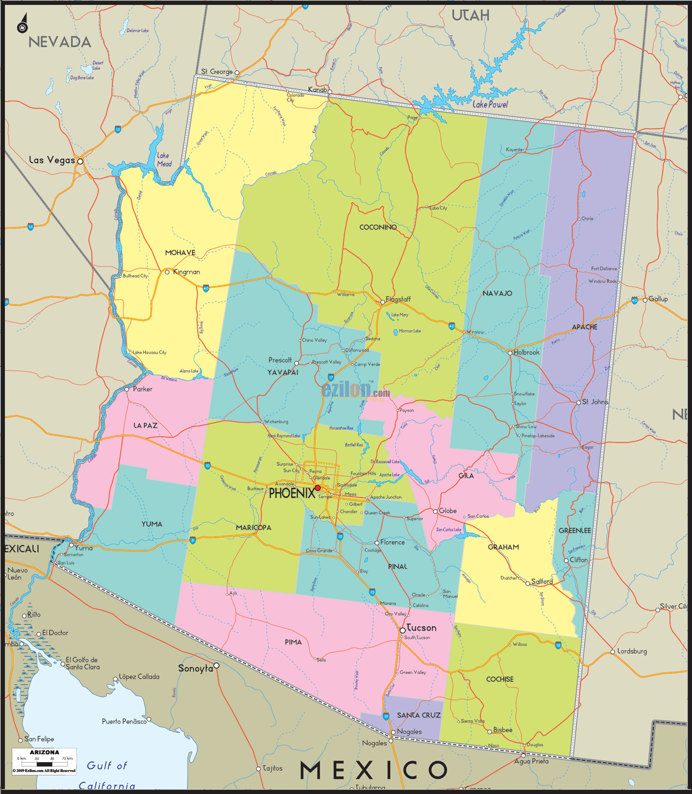 Detailed large map of Arizona State USA showing cities, towns, county formations, roads highway, US highways and State routes.