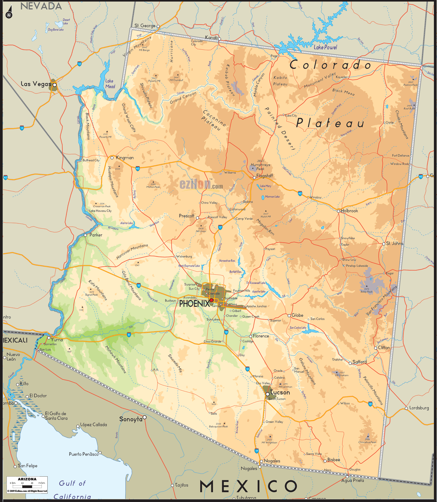 Physical map of Arizona showing major geographical features such as rivers, lakes, topography and land formations.