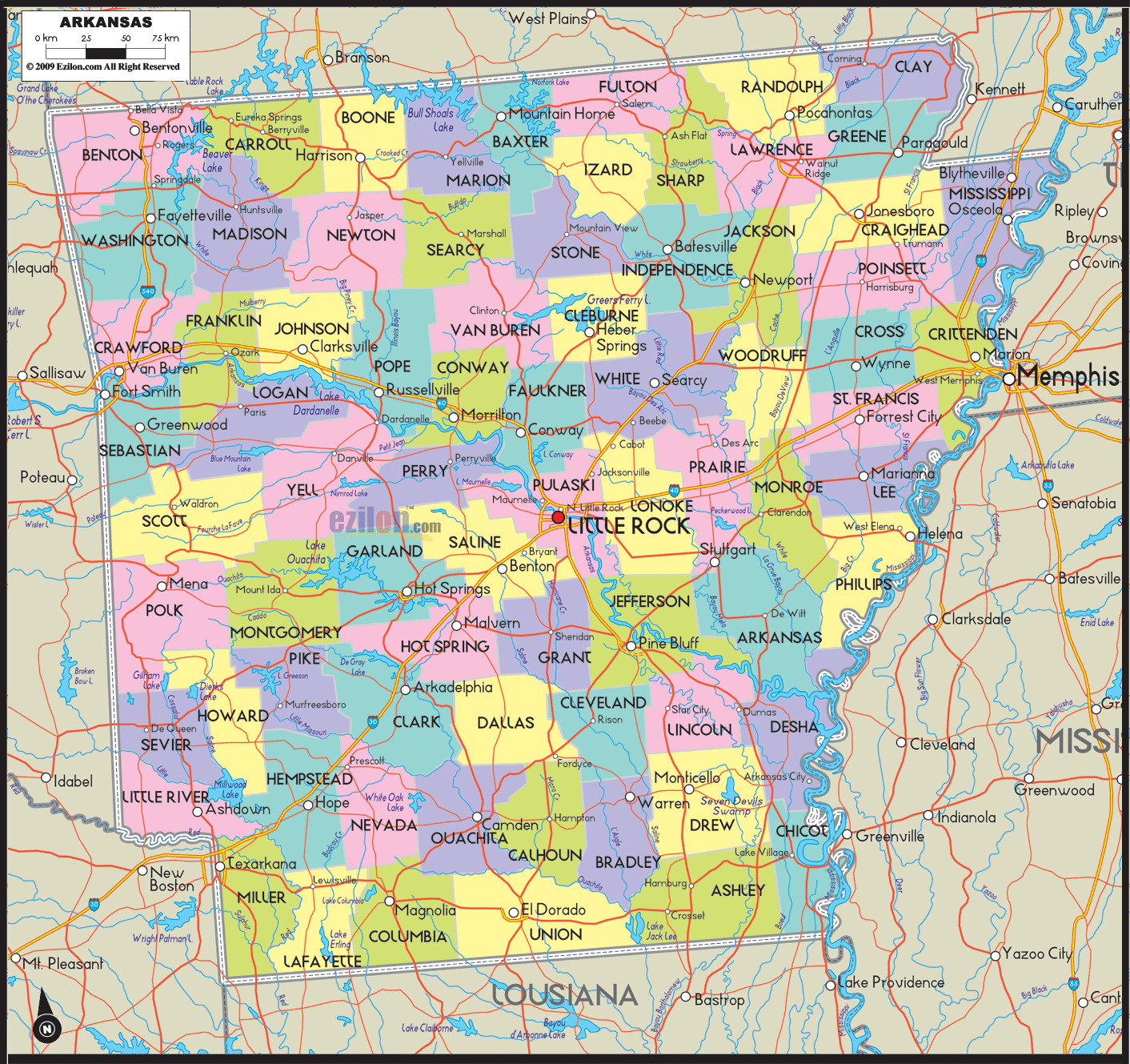 Detailed large map of Arkansas State showing cities, counties, towns, state boundaries, roads highway, US highways and State routes.