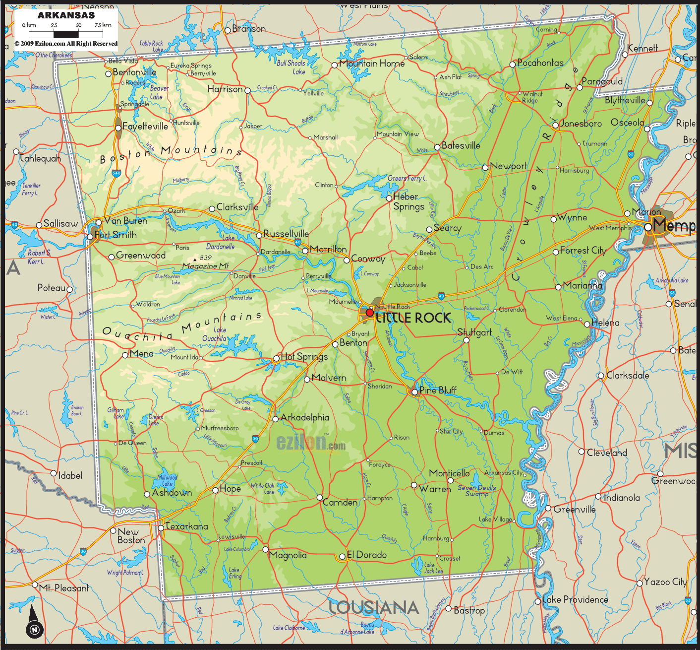 Detailed physical map of Arkansas state showing major geographical features such as rivers, lakes, mountains, topography and land formations.