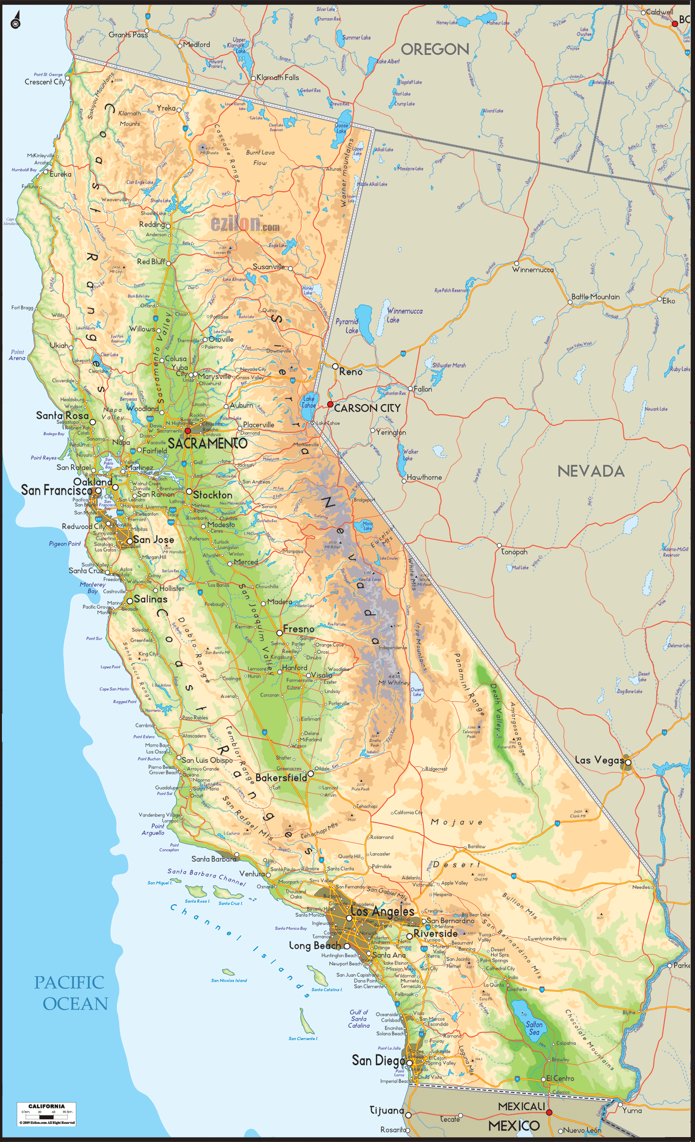 Physical Map of California - Ezilon Maps