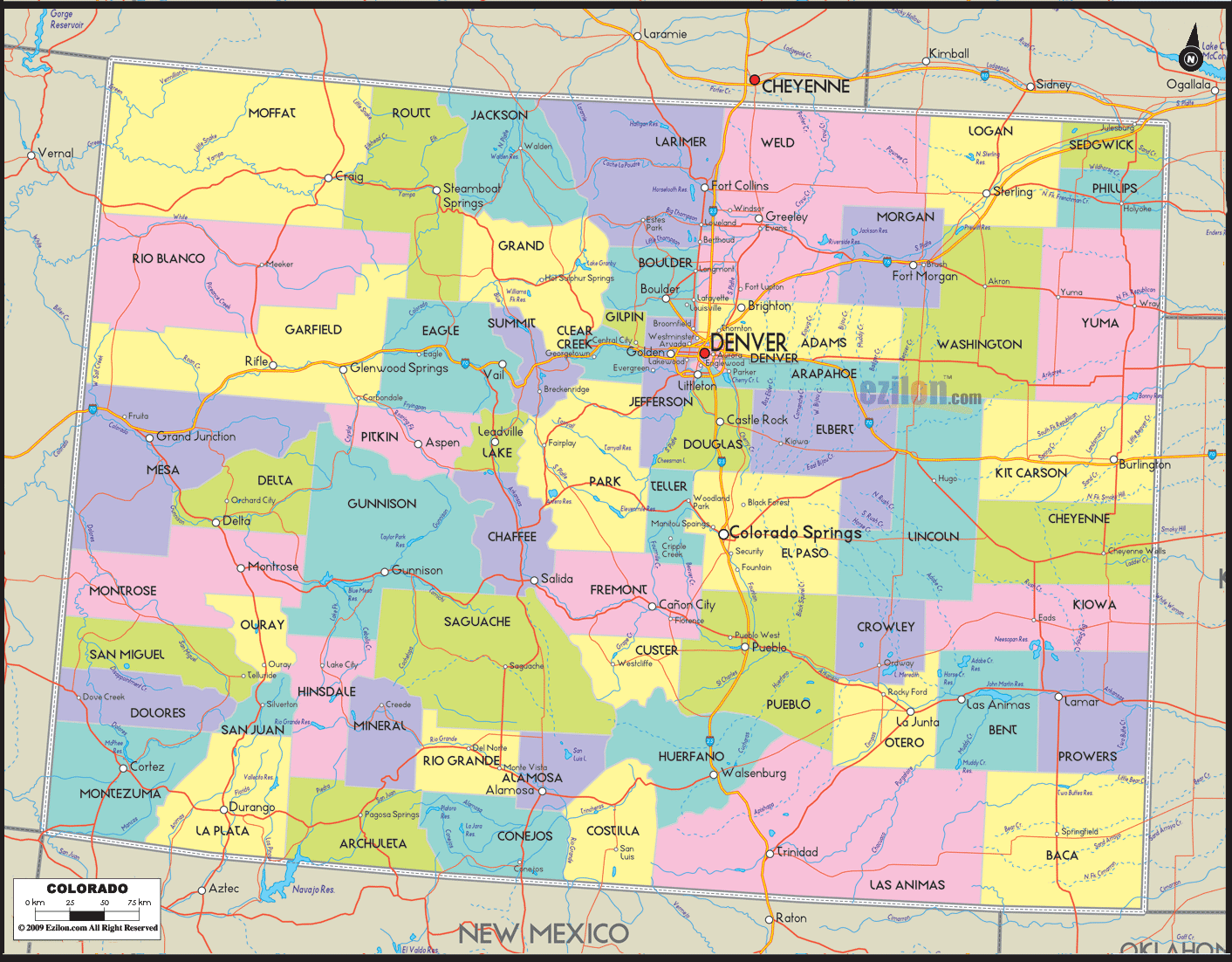 Detailed large map of Colorado state USA showing cities, towns, county formations, highways such as US highways and State road routes.