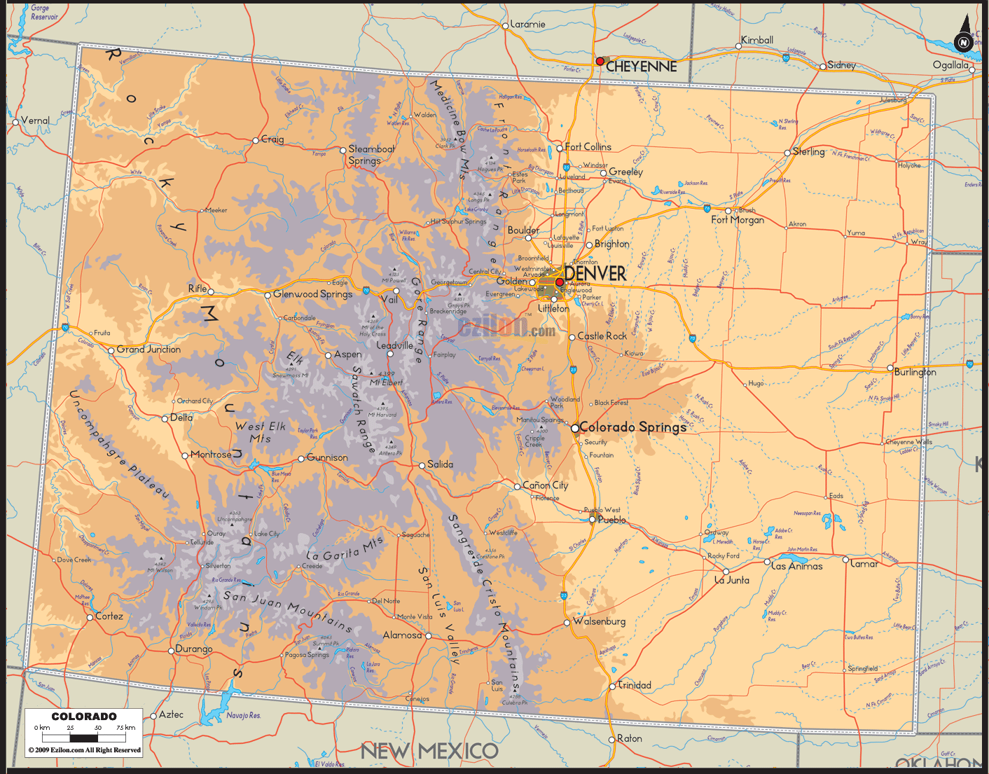 Physical map of Colorado State USA showing major geographical features such as rivers, lakes, mountain ranges, plateaus, valleys, topography and land formations.