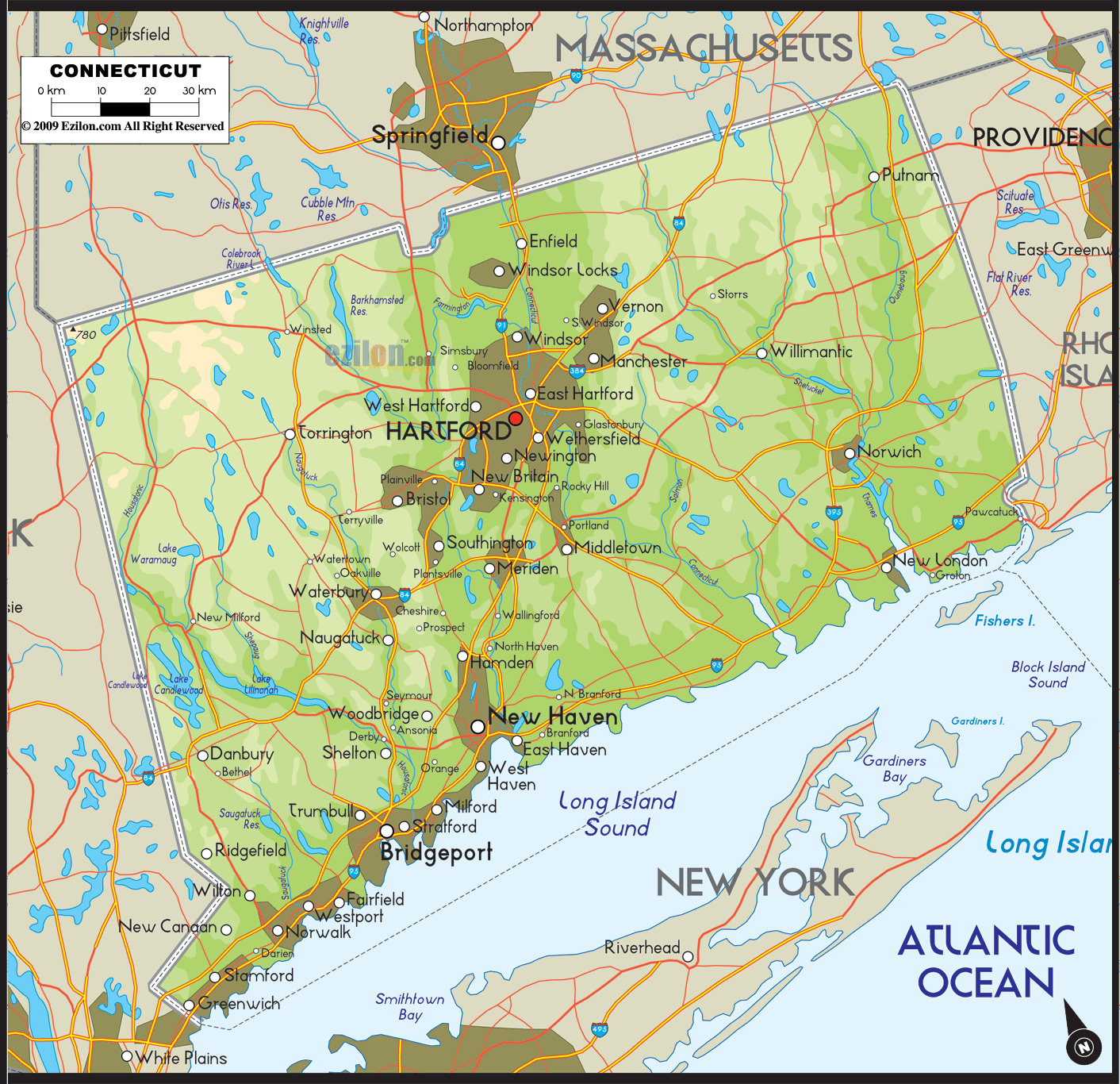 Detailed physical map of Connecticut State USA showing major geographical features such as rivers, lakes, topography and land formations.