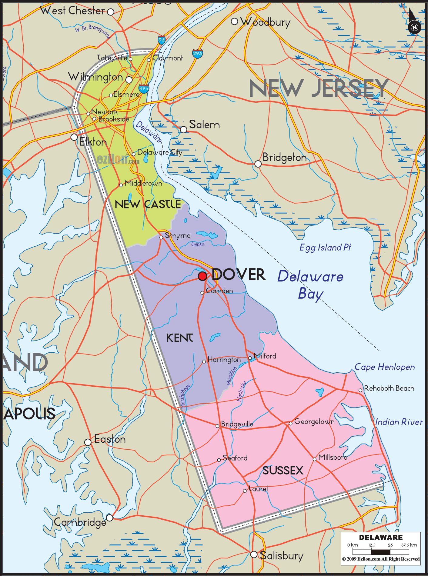 Detailed large map of Delaware State USA showing cities, towns, county formations, roads highway, US highways and State routes.