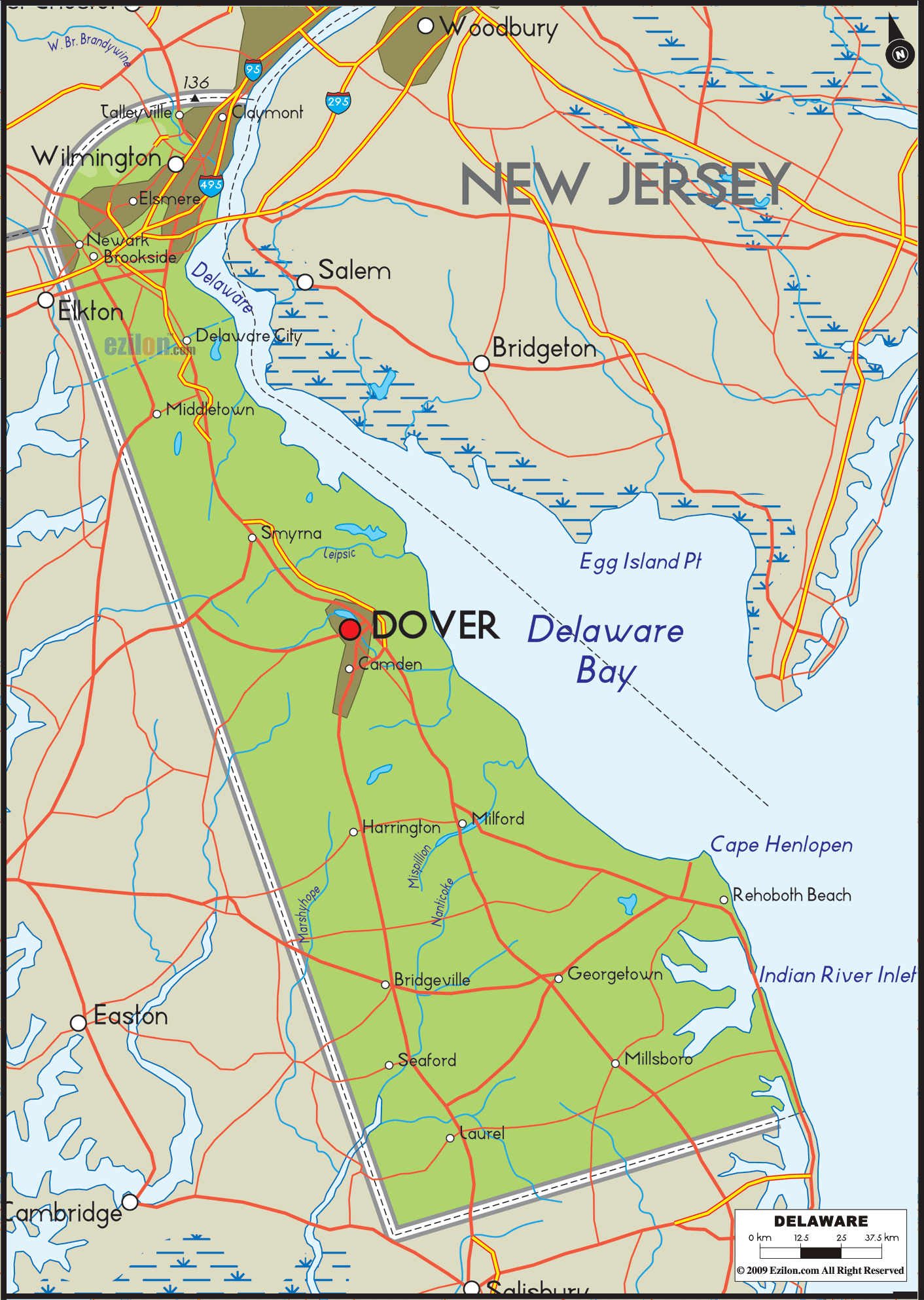 Physical map of Delaware State USA showing major geographical features such as rivers, lakes, topography and land formations.